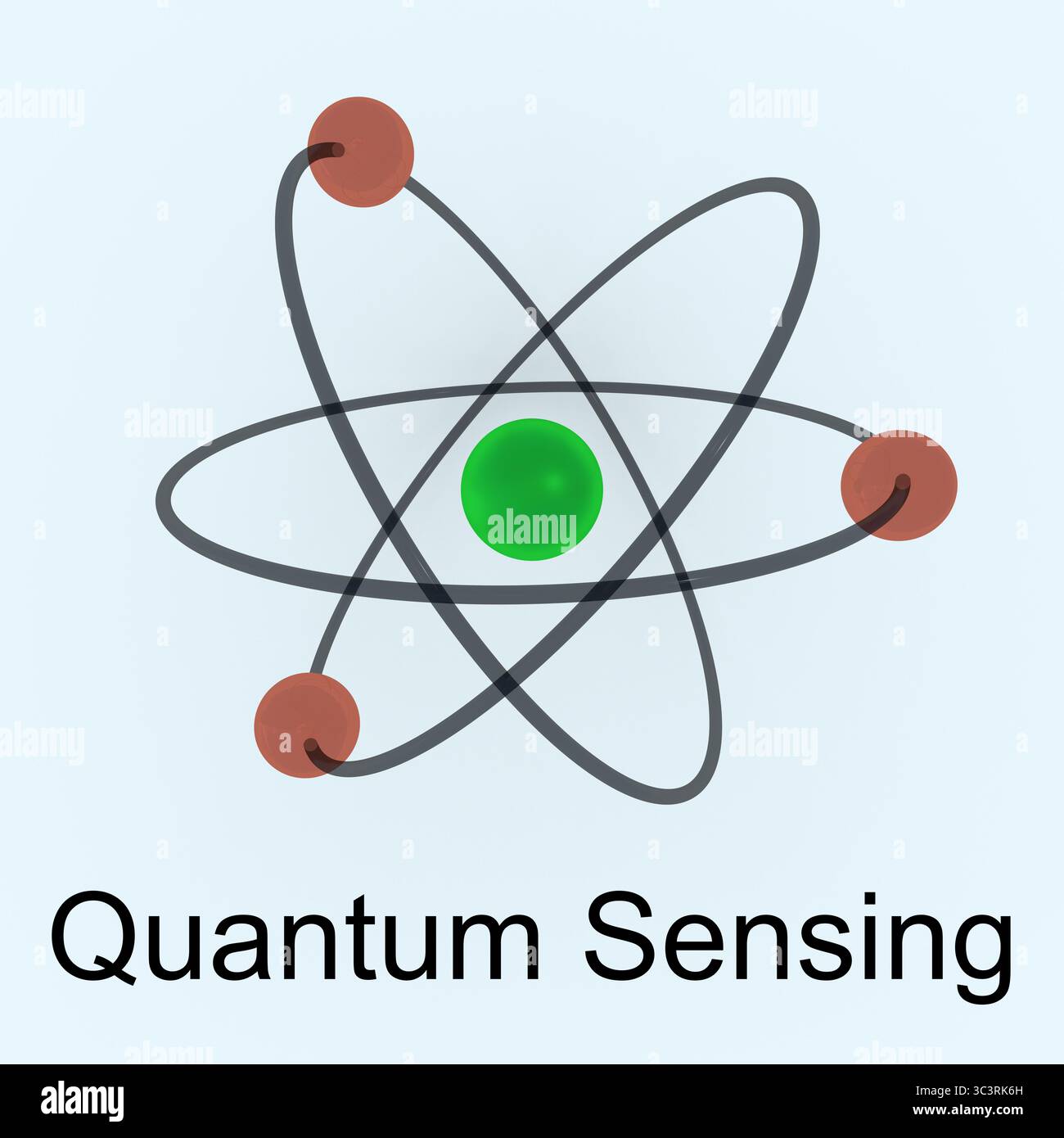 Illustration 3D d'un atome avec le titre Quantum Sensing, isolé sur fond bleu pâle. Banque D'Images