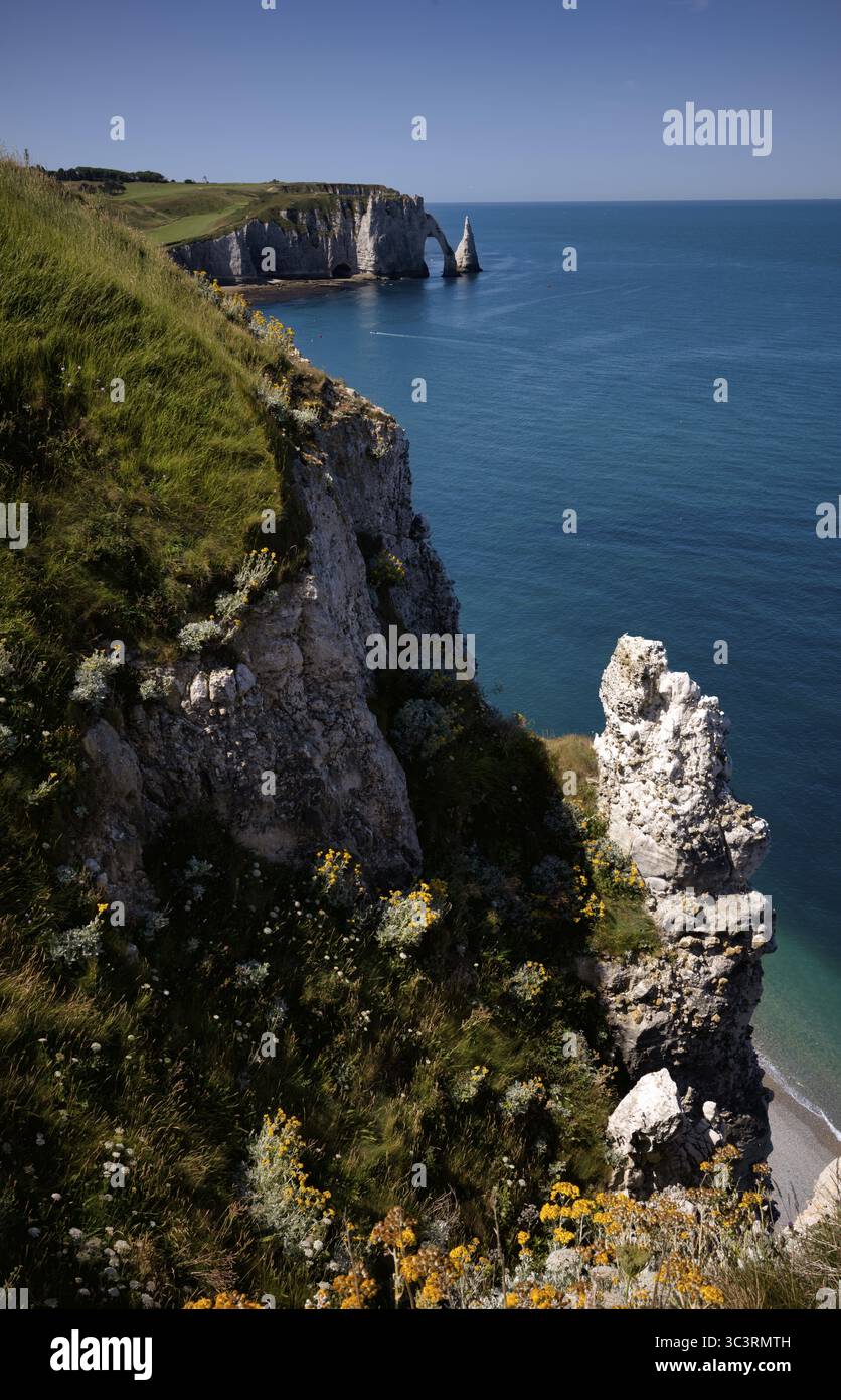 Arche rocheuse falaise ou porte d'aval et aiguille rocheuse aiguille, Etretat, mer, côte escarpée, falaises, falaises de craie, côte d'albâtre, la Cote d'Albatre, No Banque D'Images