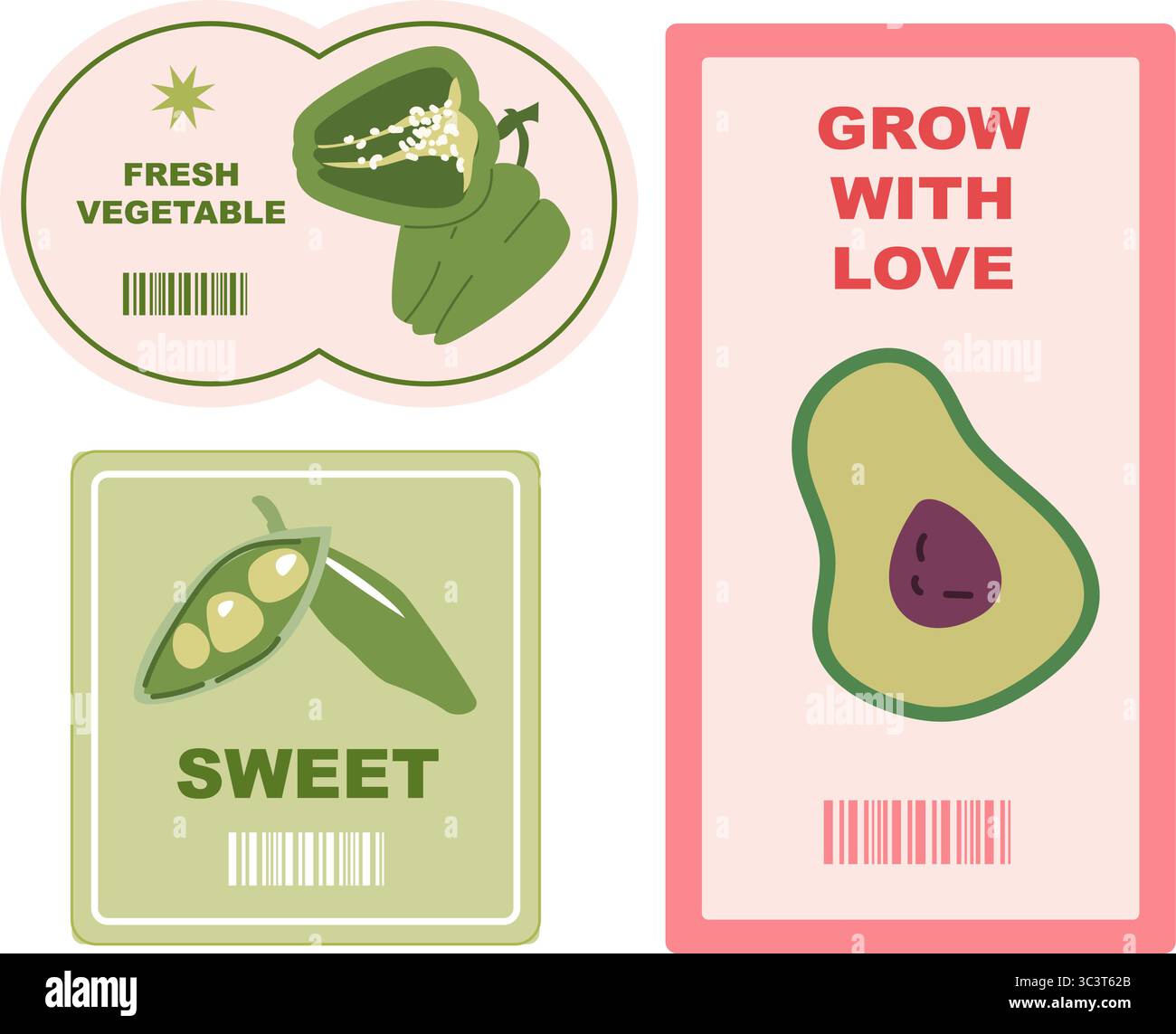 Ensemble d'autocollants décoratifs à base de légumes représentant des motifs avocat, pois verts et poivrons. Illustration de Vecteur