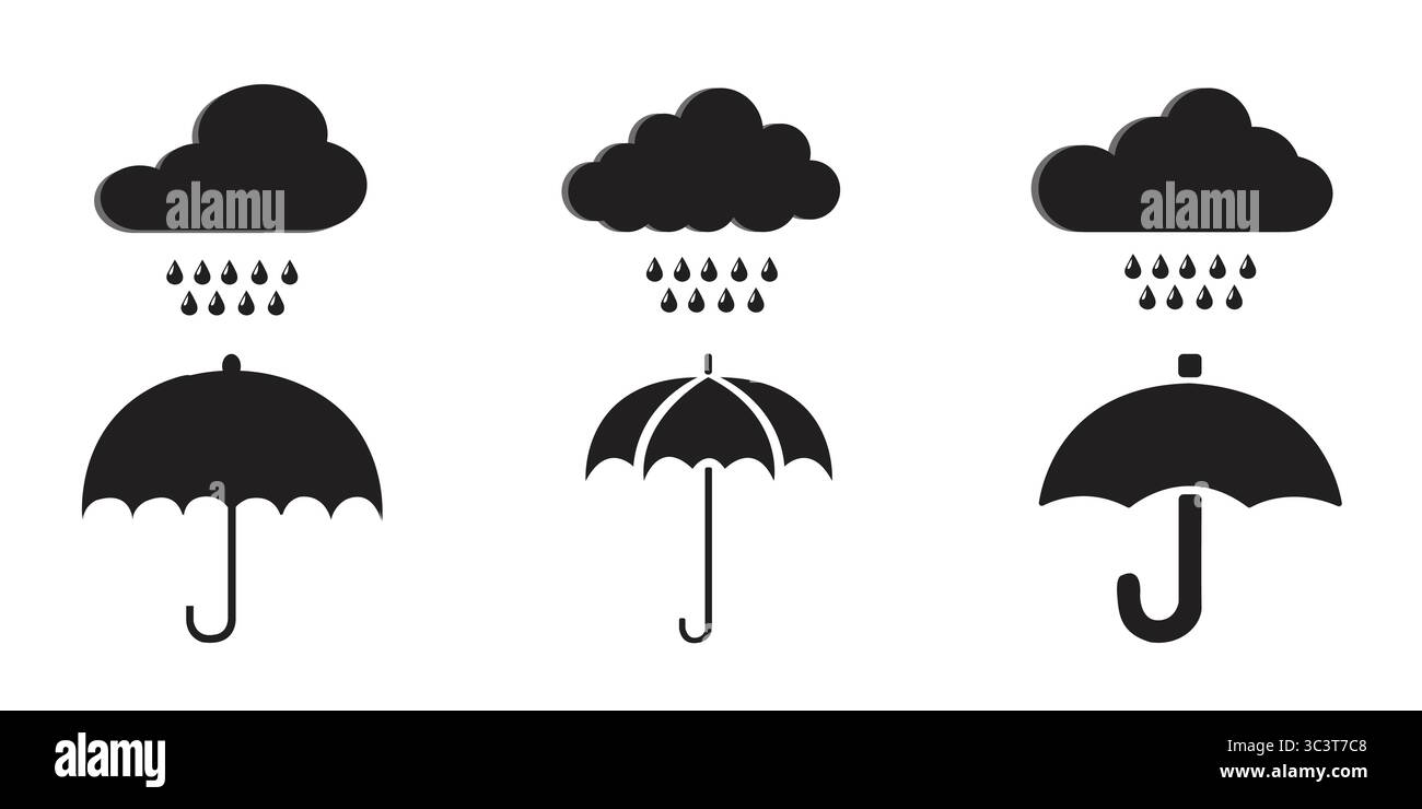 Ensemble vectoriel de nuages, de pluie et de parapluie pour le temps pluvieux, parfait pour les illustrations de livres pour enfants, les conceptions d'histoires et les jeux sur le thème de la météo ludique Illustration de Vecteur