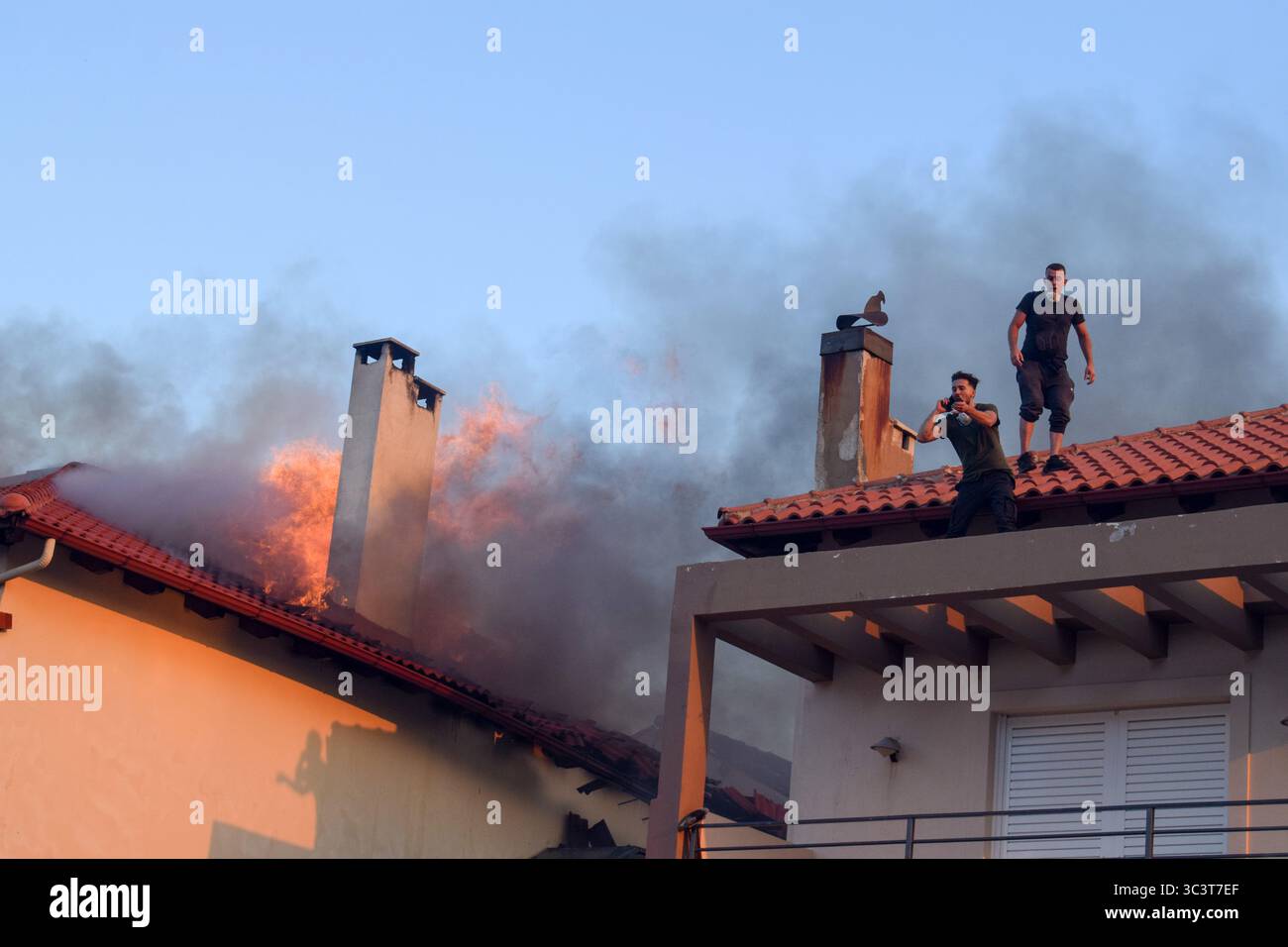 Athènes, Grèce, 26 juillet 2025. Les volontaires combattent un incendie qui brûle une maison tandis que des flammes et une épaisse fumée sortent du toit. Un feu de forêt ravage la zone résidentielle de Kryoneri, une banlieue nord de la capitale grecque au milieu d'une vague de chaleur intense. Crédit : Dimitris Aspiotis/Alamy Live News Banque D'Images