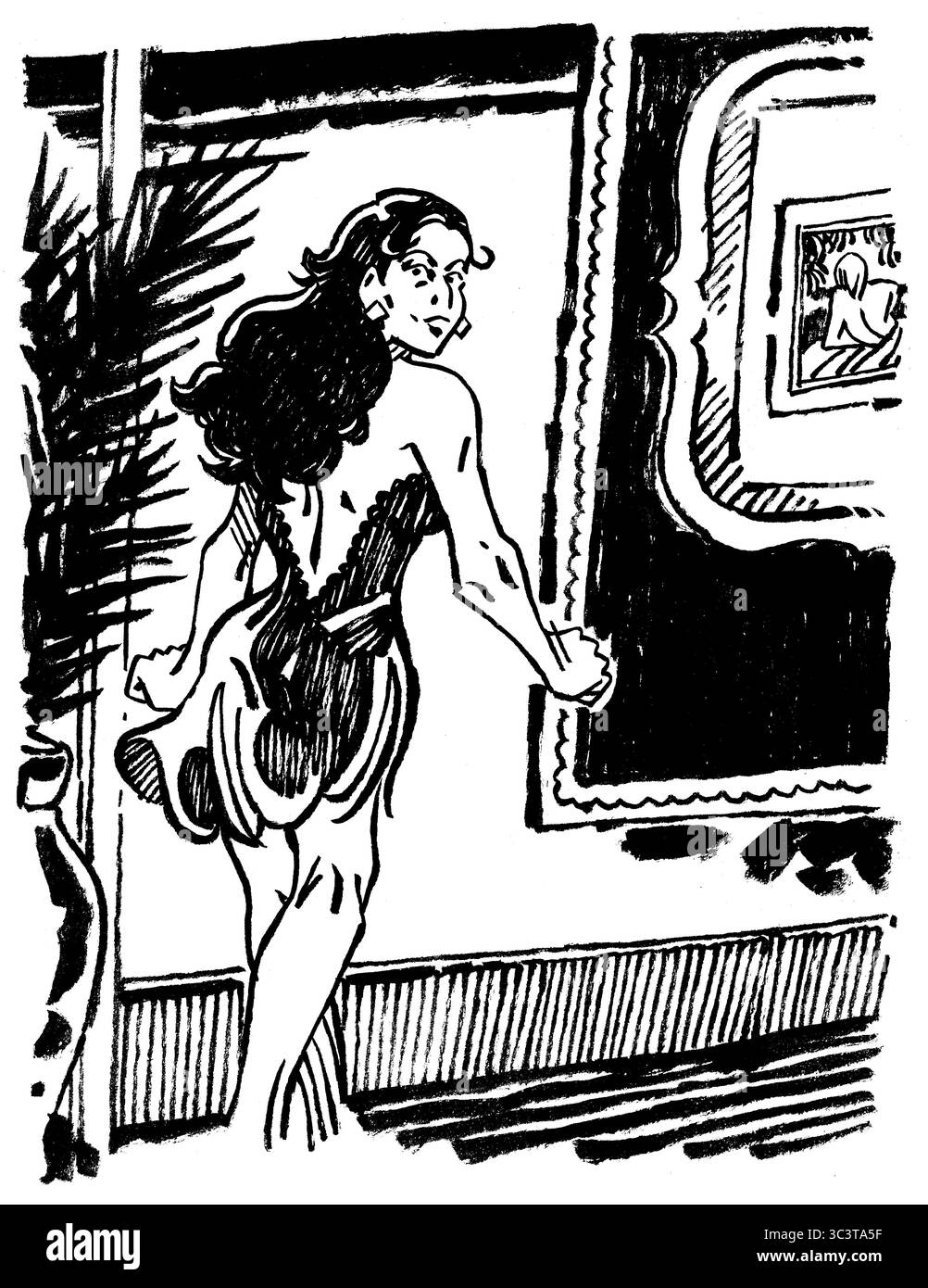 Illustration à l'encre noire et blanche d'une mystérieuse jeune femme dans une robe noire marchant à travers un vieux manoir, sombre atmosphère romantique et cinématographique Banque D'Images