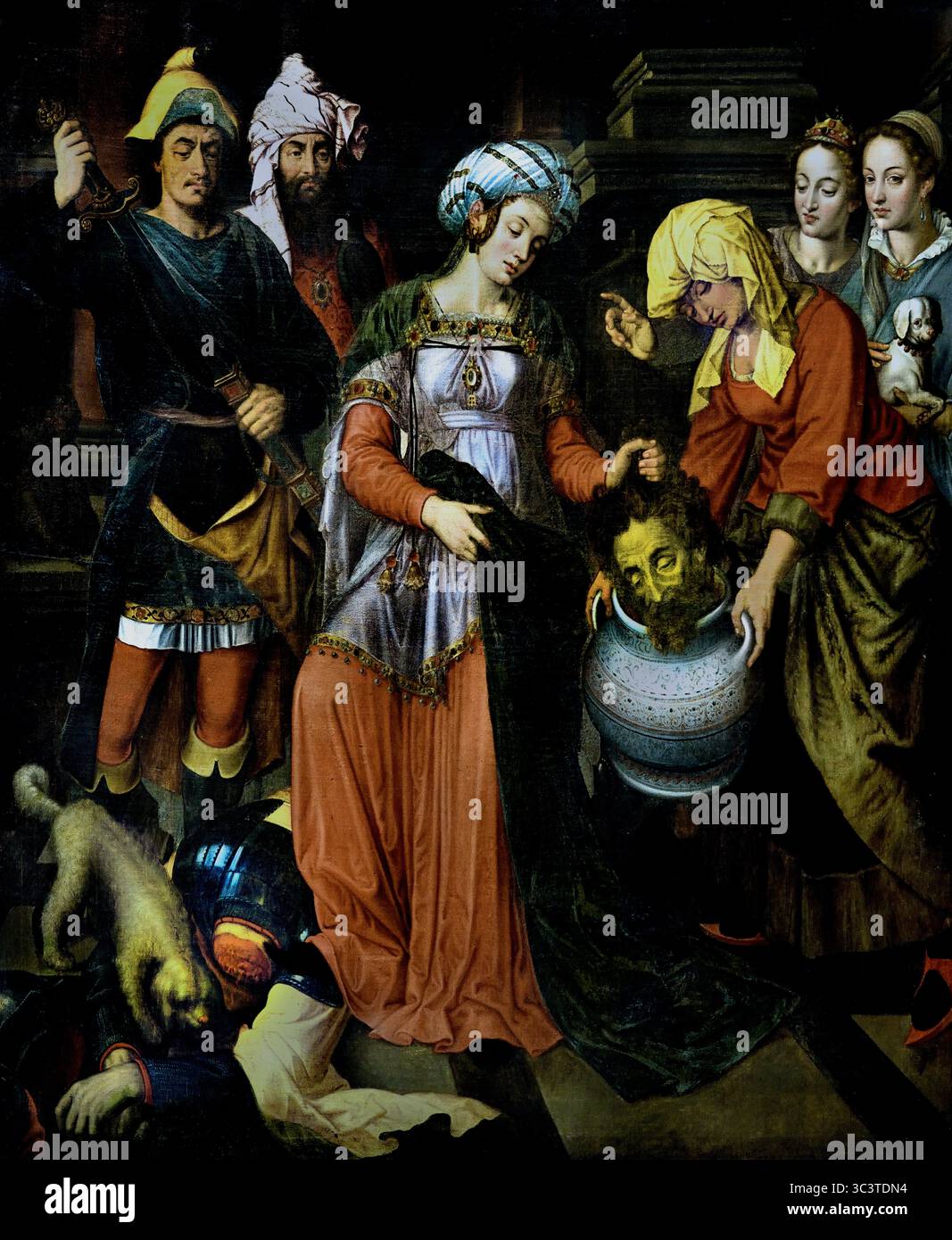 La Vengeance de la Reine Tomyris 1610 17ème siècle par Pieter Pieters Groeningemuseum, musée municipal, Bruges, Belgique, flamand, la reine Tomyris des Massagetae trempant la tête du roi Perse Cyrus le Grand dans son propre sang - la reine Tomyris était un puissant souverain des Massagetae, un peuple nomade en Asie centrale. Elle est surtout connue pour son conflit avec Cyrus le Grand, le fondateur de l'Empire achéménide, au vie siècle av. J.-C.. Elle est réputée pour avoir vaincu et tué Cyrus au combat, un événement important documenté par l'historien grec ancien Hérodote. Banque D'Images
