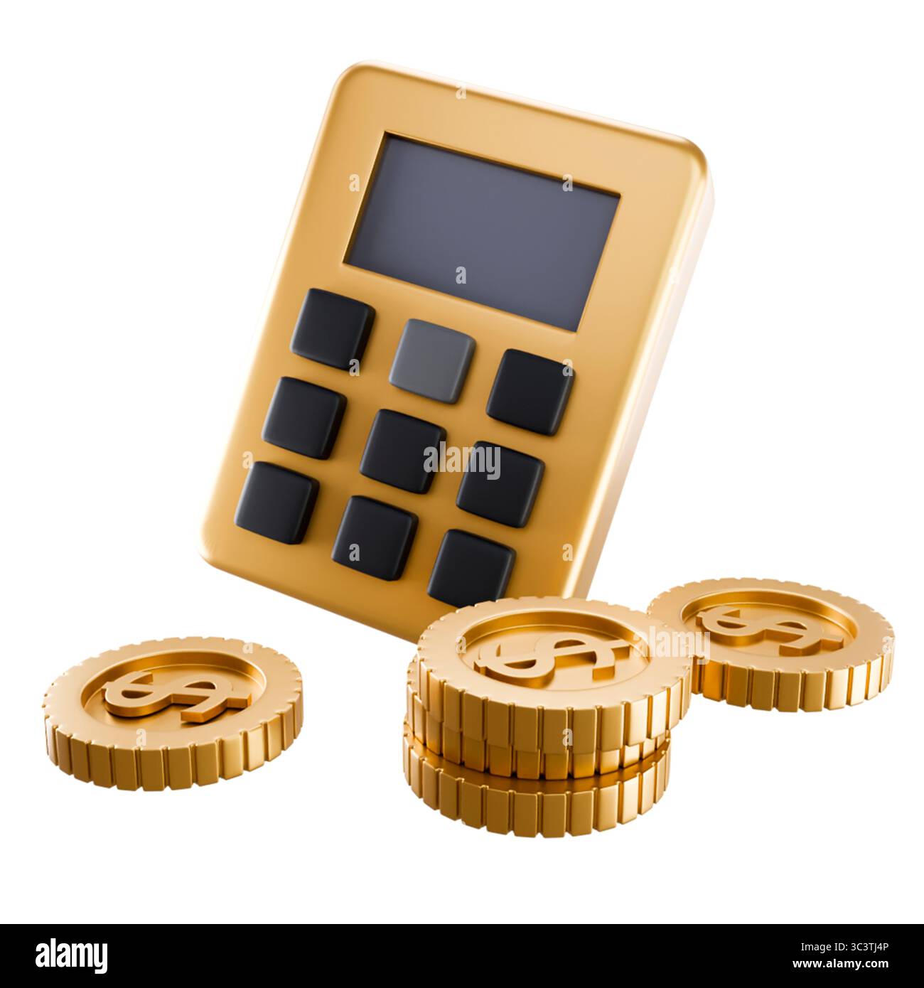 Icône 3D illustration d'une calculatrice dorée avec des pièces isolées sur blanc. Idéal pour une utilisation commerciale, des projets éducatifs, des affiches, des grands tirages, busin Banque D'Images