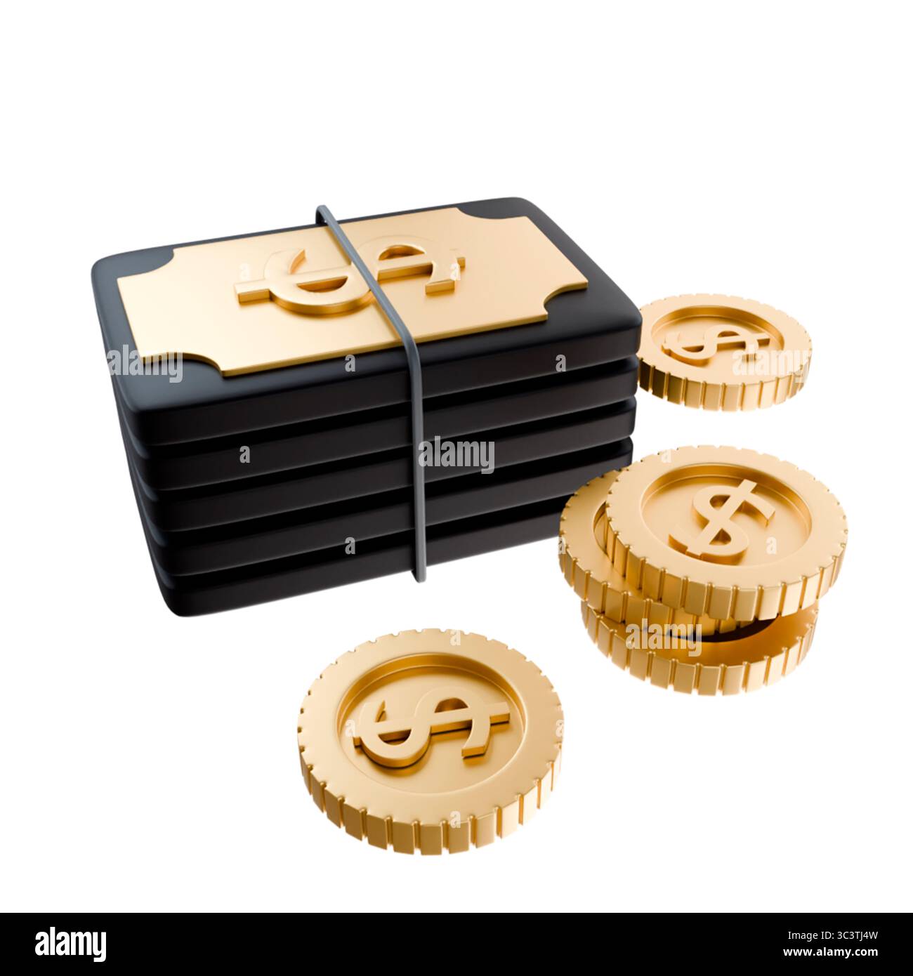 Rendu 3D de packs d'argent noirs et de pièces d'or. Parfait pour un usage commercial, affiches, grands tirages, projets financiers et illustrations commerciales créatives Banque D'Images