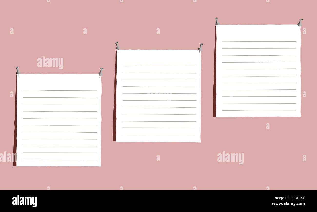 Trois notes de feuilles de papier lignées blanches avec des épingles modèle de conception vierge sur fond rose Illustration de Vecteur