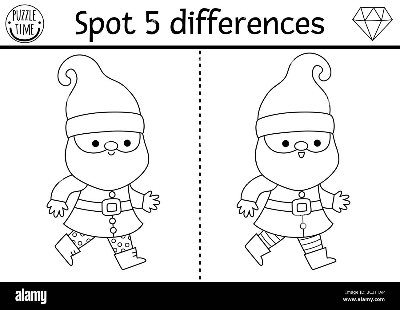 Trouver le jeu des différences pour les enfants. Activité éducative naine avec gnome mignon en chapeau rouge. Puzzle noir et blanc forêt magique pour les enfants. Conte de fées PRI Illustration de Vecteur