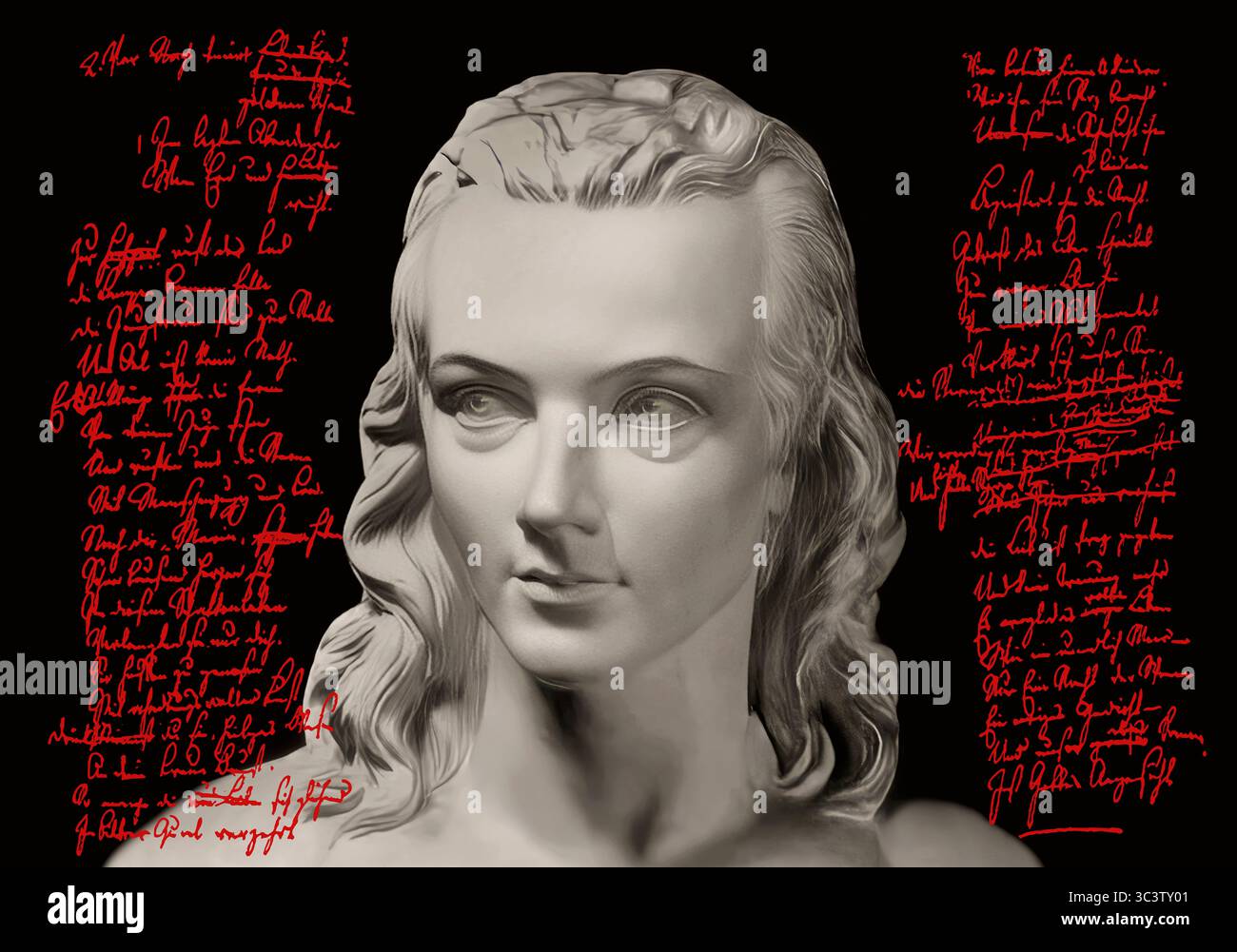 Portrait de Georg Philipp Friedrich Freiherr von Hardenberg, pseudonyme et pseudonyme Novalis, 1772 - 1801, poète allemand du romantisme allemand primitif, édité numériquement après un buste sur sa tombe, Hymnen an die Nacht écrit par Novalis Banque D'Images