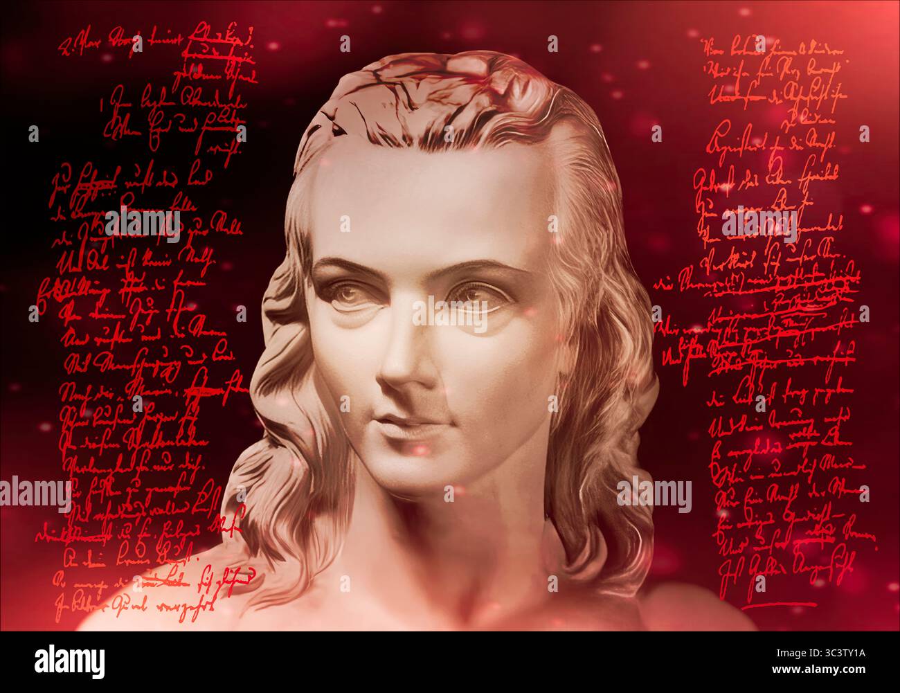 Portrait de Georg Philipp Friedrich Freiherr von Hardenberg, pseudonyme et pseudonyme Novalis, 1772 - 1801, poète allemand du romantisme allemand primitif, édité numériquement après un buste sur sa tombe, Hymnen an die Nacht écrit par Novalis Banque D'Images