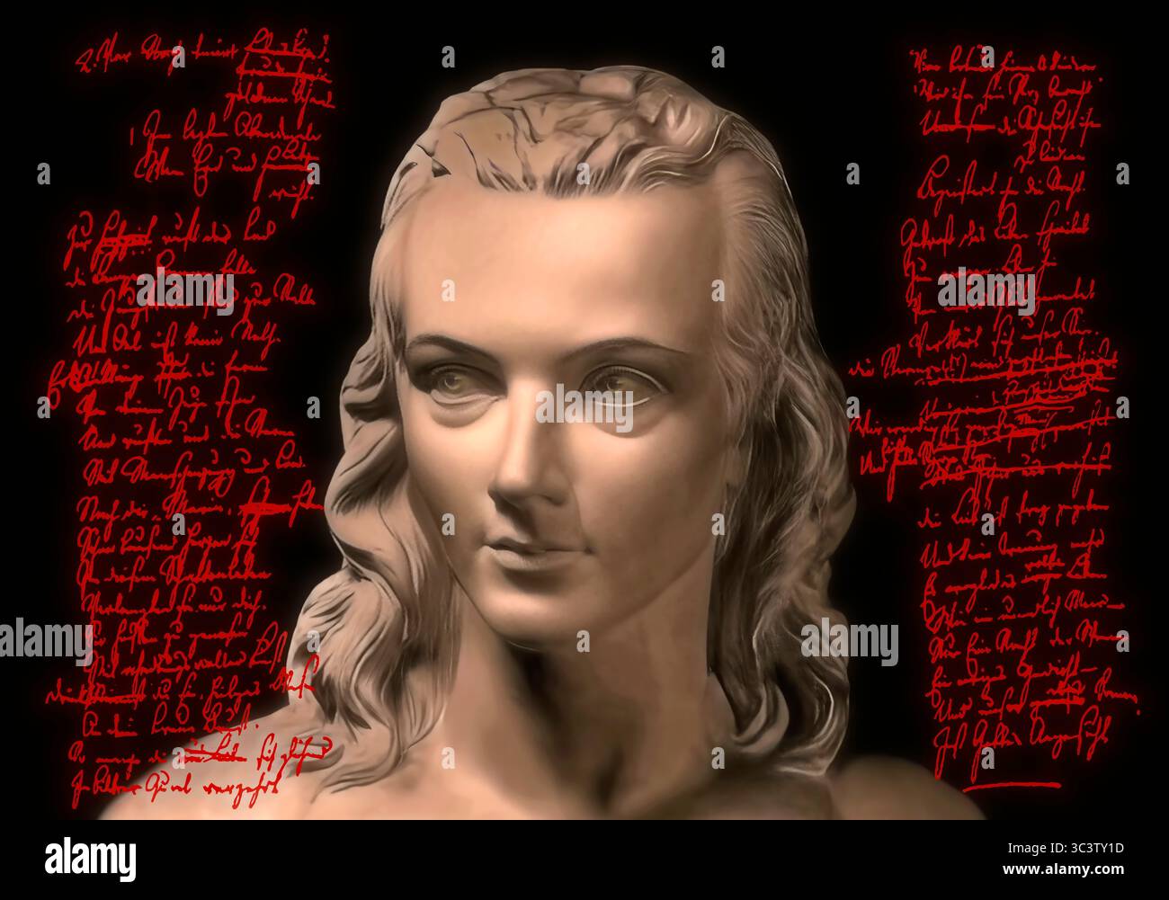 Portrait de Georg Philipp Friedrich Freiherr von Hardenberg, pseudonyme et pseudonyme Novalis, 1772 - 1801, poète allemand du romantisme allemand primitif, édité numériquement après un buste sur sa tombe, Hymnen an die Nacht écrit par Novalis Banque D'Images