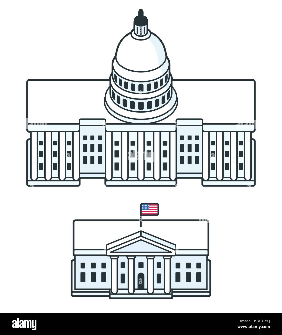 Maison Blanche et bâtiment du Capitole dans le style icône de dessin animé. États-Unis Washington DC sites touristiques. Illustration vectorielle moderne simple. Illustration de Vecteur