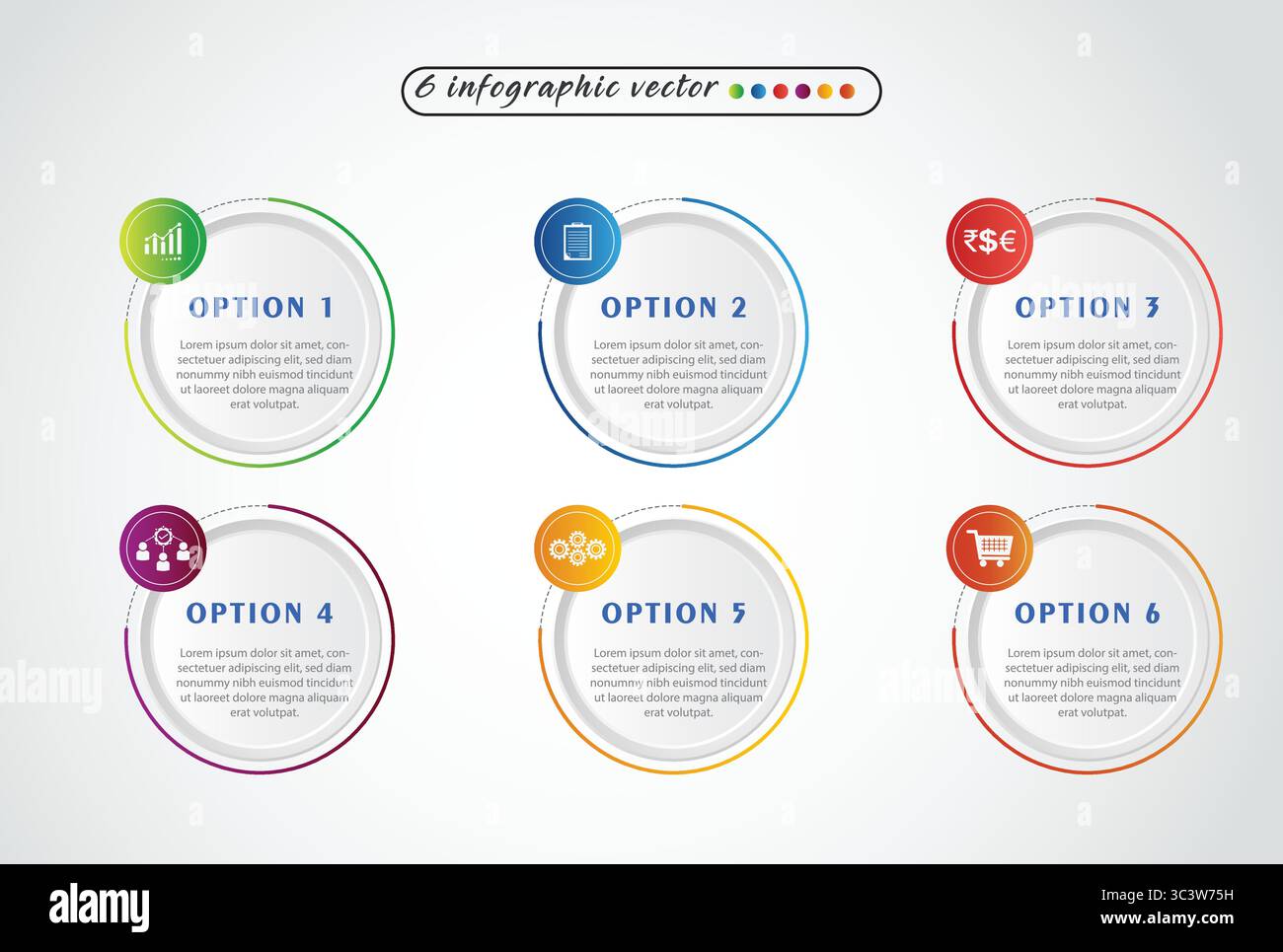 6, modèle de conception infographique. Concept de chronologie avec 6 étapes. Peut être utilisé pour la mise en page du flux de travail, la présentation, le diagramme, la bannière, l'illustration vectorielle Illustration de Vecteur