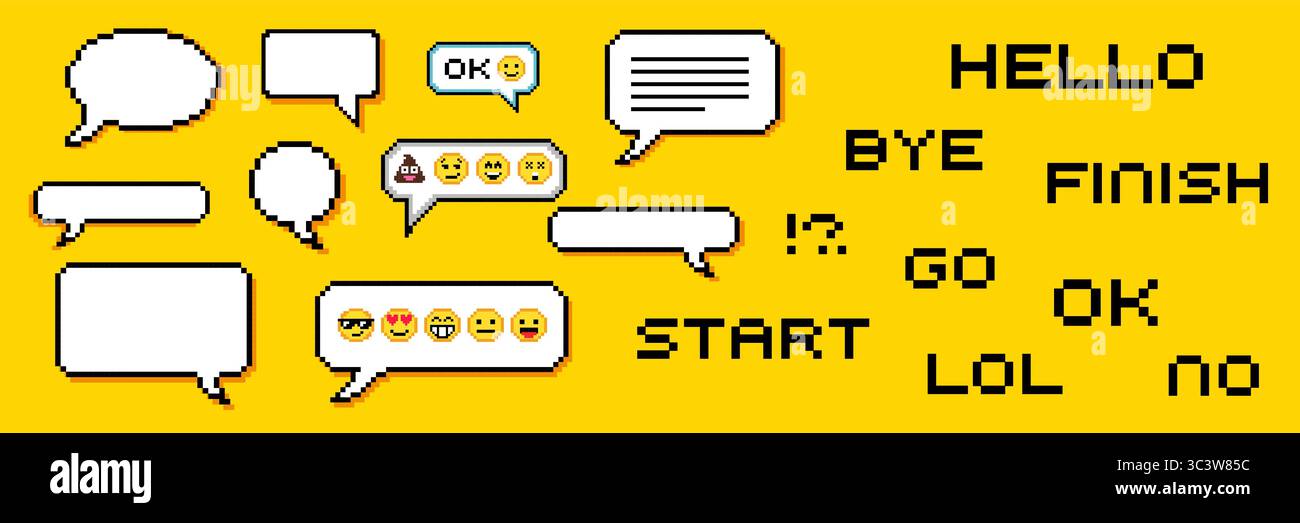 Ensemble de boîtes de dialogue de pixels de différentes formes. Bulles de dialogue de chat, cadres de message flash avec du texte ou boîte de communication de dialogue vide en 8 bits rétro sty Illustration de Vecteur