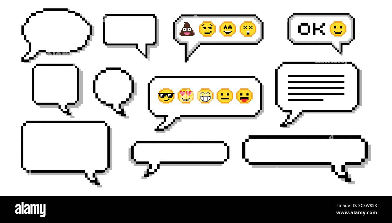 Ensemble de boîtes de dialogue de pixels de différentes formes. Bulles de dialogue de chat, cadres de message flash avec du texte ou boîte de communication de dialogue vide en 8 bits rétro sty Illustration de Vecteur