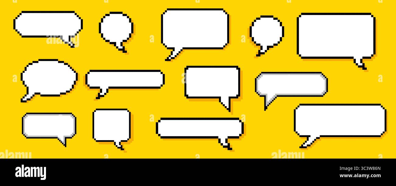 Ensemble de boîtes de dialogue de pixels de différentes formes. Bulles de dialogue de chat, cadres de message flash avec du texte ou boîte de communication de dialogue vide en 8 bits rétro sty Illustration de Vecteur