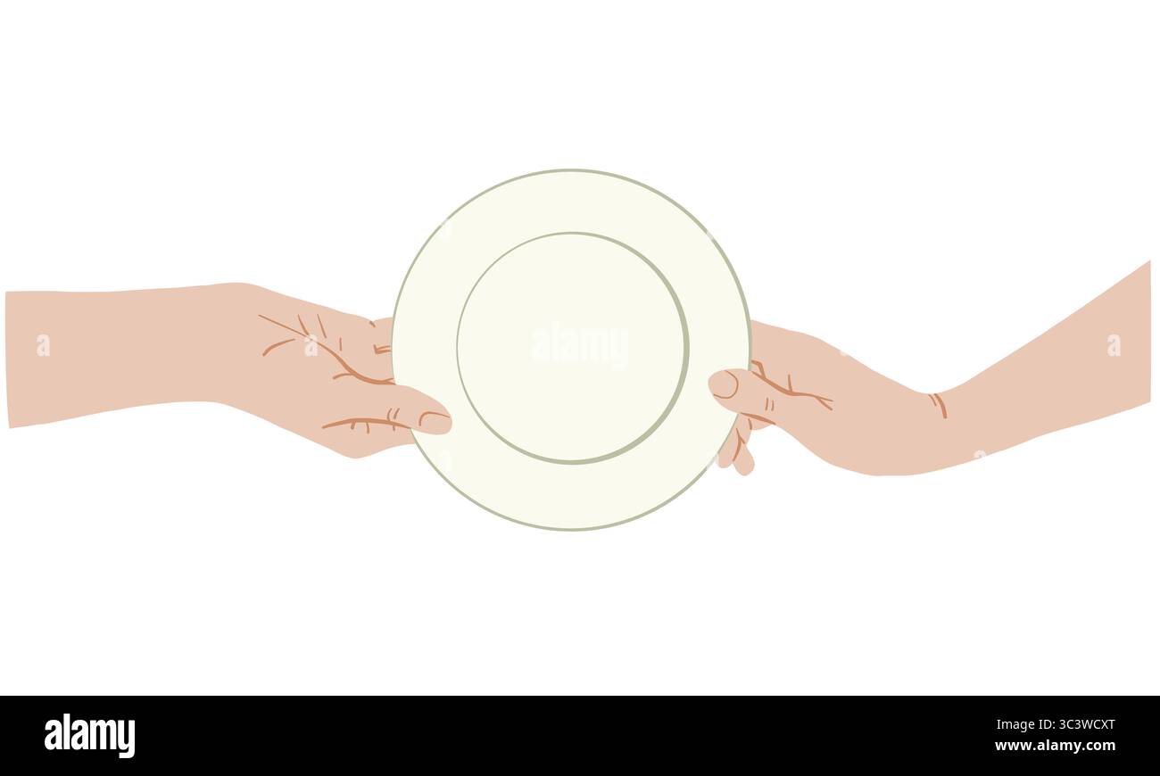 Mains humaines tenant plaque supérieure illustration plate vectorielle sur fond blanc. Deux personnes se passent une assiette. Geste de la main et illustrati de cuisine Illustration de Vecteur