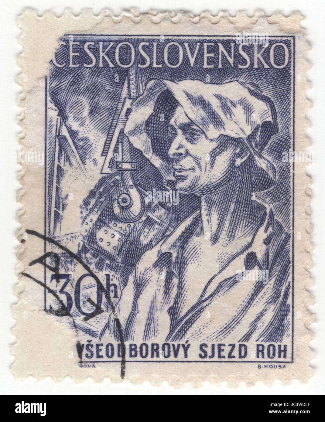 TCHÉCOSLOVAQUIE - 1955 mai : timbre-poste violet de 30 haléř représentant un ouvrier de fonderie. Publié pour faire connaître le troisième congrès du mouvement révolutionnaire syndical. Une fonderie est une usine qui produit des pièces moulées métalliques. Les métaux sont moulés en formes en les faisant fondre dans un liquide, en versant le métal dans un moule, et en enlevant le matériau du moule après que le métal se soit solidifié pendant qu'il refroidit. Les métaux les plus couramment traités sont l'aluminium et la fonte. Cependant, d'autres métaux, tels que le bronze, le laiton, l'acier, le magnésium et le zinc sont également utilisés pour produire des pièces moulées dans les fonderies Banque D'Images