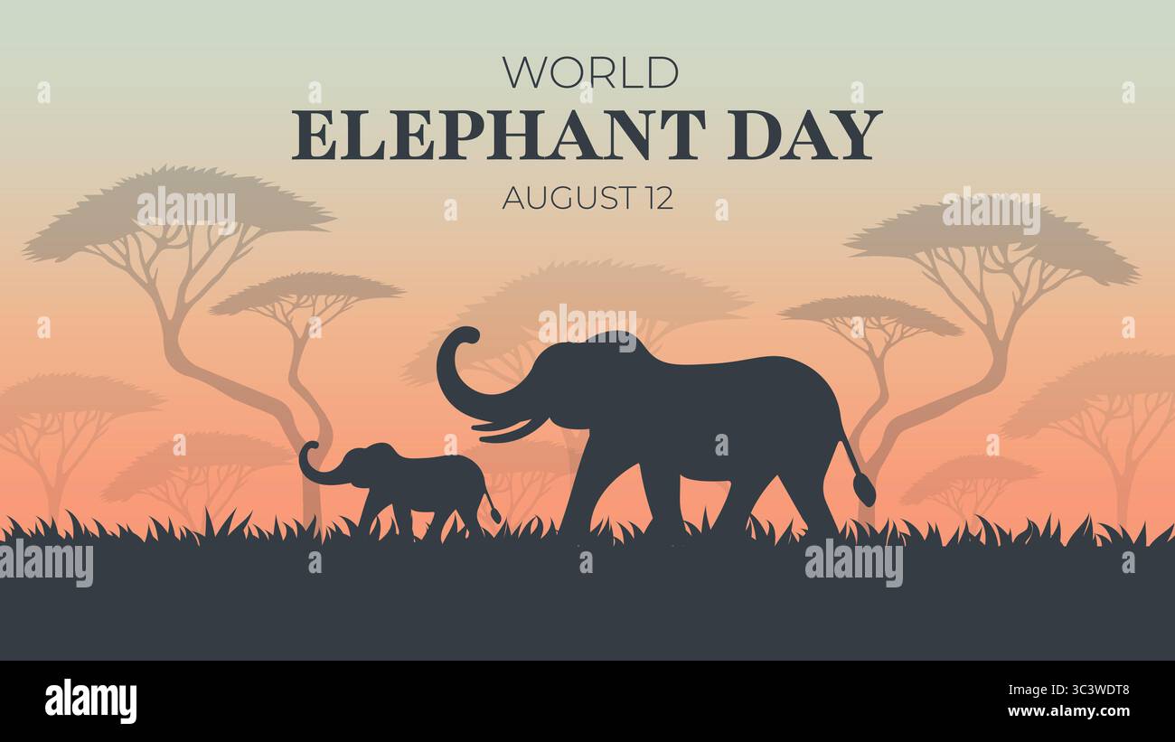 Affiche de la Journée mondiale de l'éléphant avec silhouettes dans le vecteur de savane africaine. Illustration de Vecteur