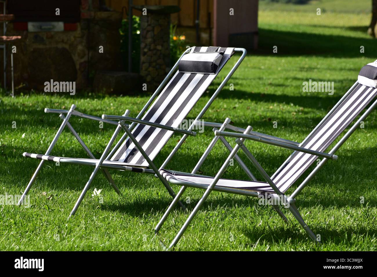 Deux chaises longues rayées noires et blanches se dressent sur l'herbe verte en plein soleil. Installation de détente d'été dans une cour arrière ou un jardin avec de longues ombres et Banque D'Images