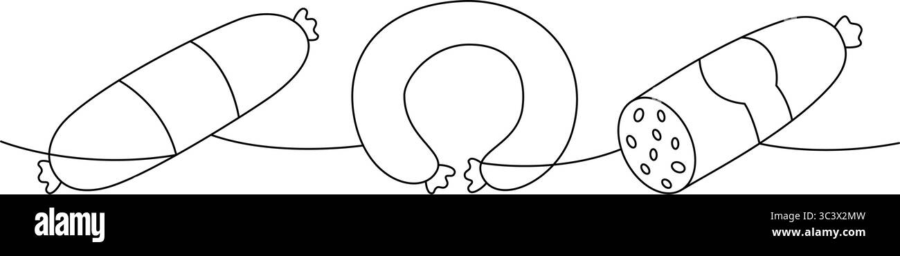 Saucisse ronde, saucisses délicieuses une ligne dessin continu. Produits carnés. Illustration vectorielle. Illustration de Vecteur