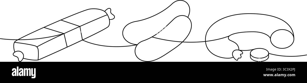 Saucisse de salami, saucisses grasses, saucisse de chorizo une ligne dessin continu. Produits carnés. Illustration vectorielle. Illustration de Vecteur