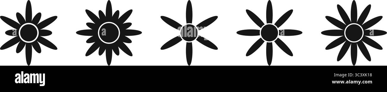Ensemble de formes de fleurs noires. Silhouettes de Marguerite, de chrysanthème ou de gerbera isolées sur fond blanc. Motifs floraux. Illustration graphique vectorielle. Illustration de Vecteur
