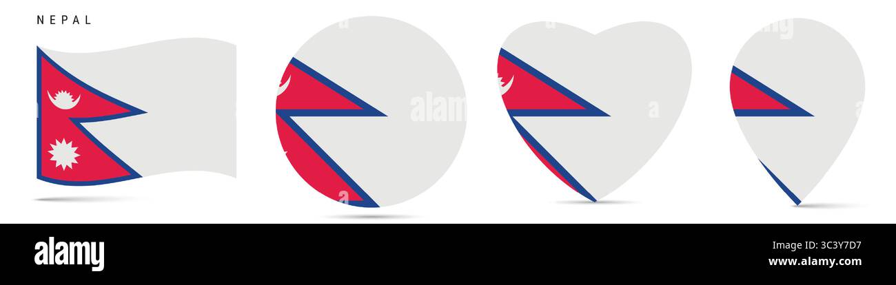 Népal agitant drapeau, badge autocollant rond cercle, icône en forme de coeur, épingle de carte. Boutons de drapeau népalais de différentes formes. Illustration vectorielle isolée sur wh Illustration de Vecteur