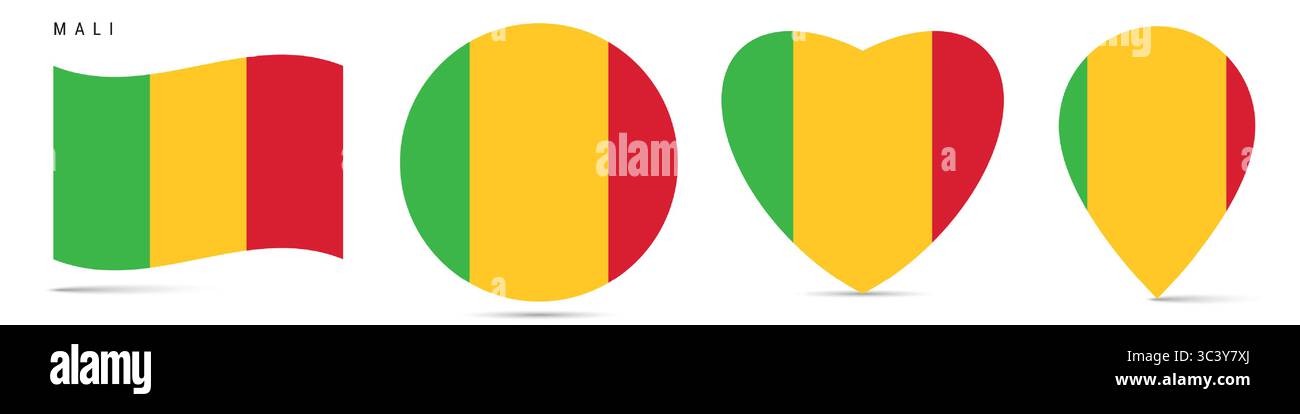 Mali agitant drapeau, badge autocollant cercle rond, icône en forme de coeur, épingle de carte. Boutons de drapeau malien de différentes formes. Illustration vectorielle isolée sur whi Illustration de Vecteur