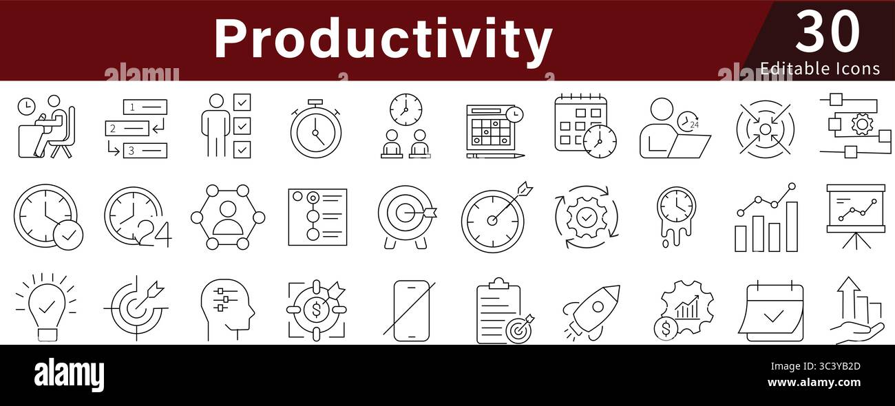 Productivité icônes de ligne modifiables définies pour la gestion de l'efficacité, du temps, du travail et des performances Illustration de Vecteur
