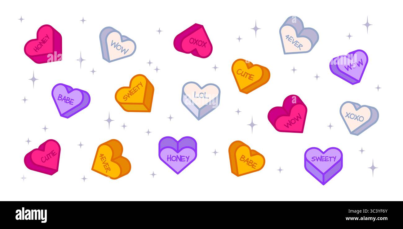 Collection de bonbons coeur avec des messages de Saint-Valentin - coeurs de conversation colorés en rose, violet et jaune avec des mots doux. Bonbons flottants d'amour avec des étincelles pour les conceptions de célébration romantique. Illustration de Vecteur