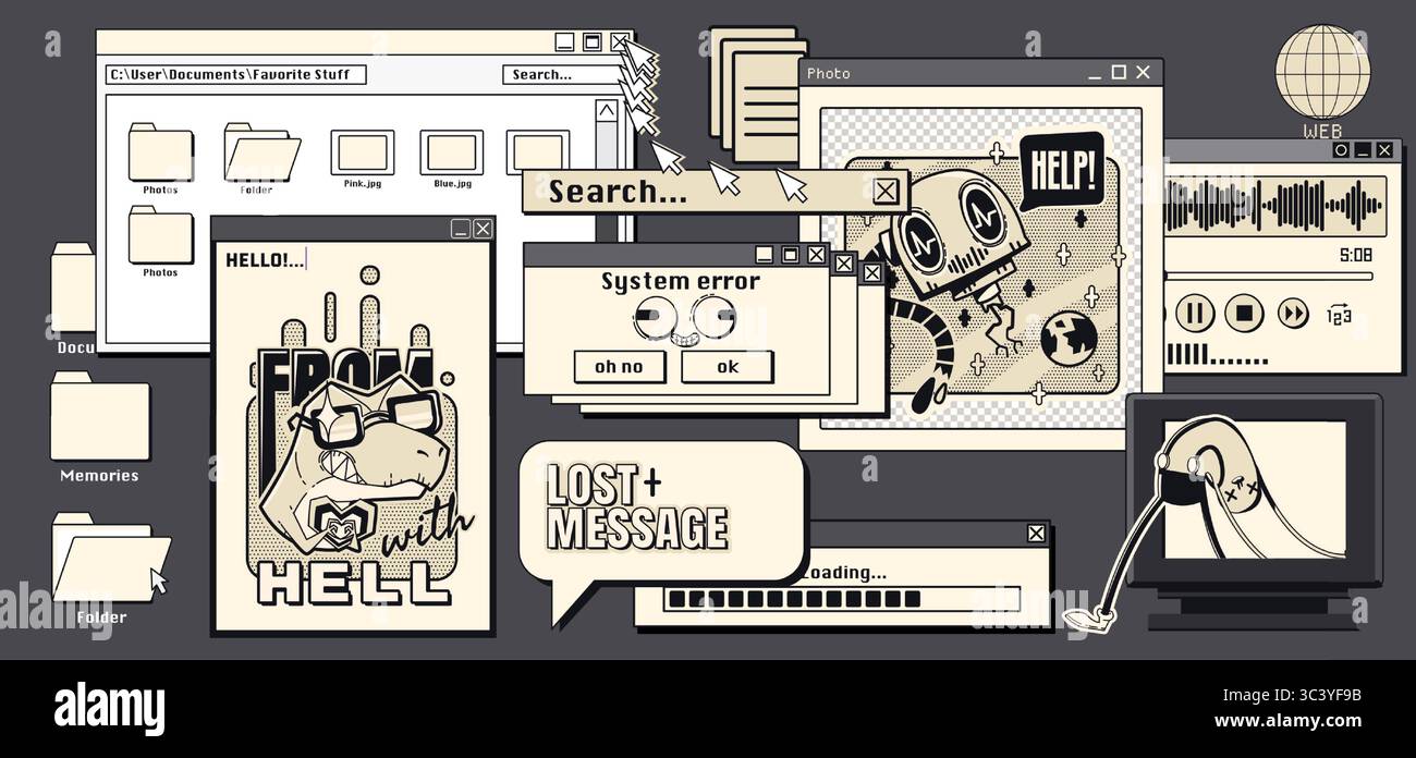 Esthétique nostalgique de l'Internet y2k avec fenêtres d'ordinateur rétro - interfaces de navigateur vintage, pop-up d'erreur système, barre de chargement et dossier de bureau pour les conceptions numériques vaporwave et les graphiques milléniaux. Illustration de Vecteur Esthétique nostalgique de l'Internet y2k avec fenêtres d'ordinateur rétro - interfaces de navigateur vintage, pop-up d'erreur système, barre de chargement et dossier de bureau pour les conceptions numériques vaporwave et les graphiques milléniaux. Illustration de Vecteur