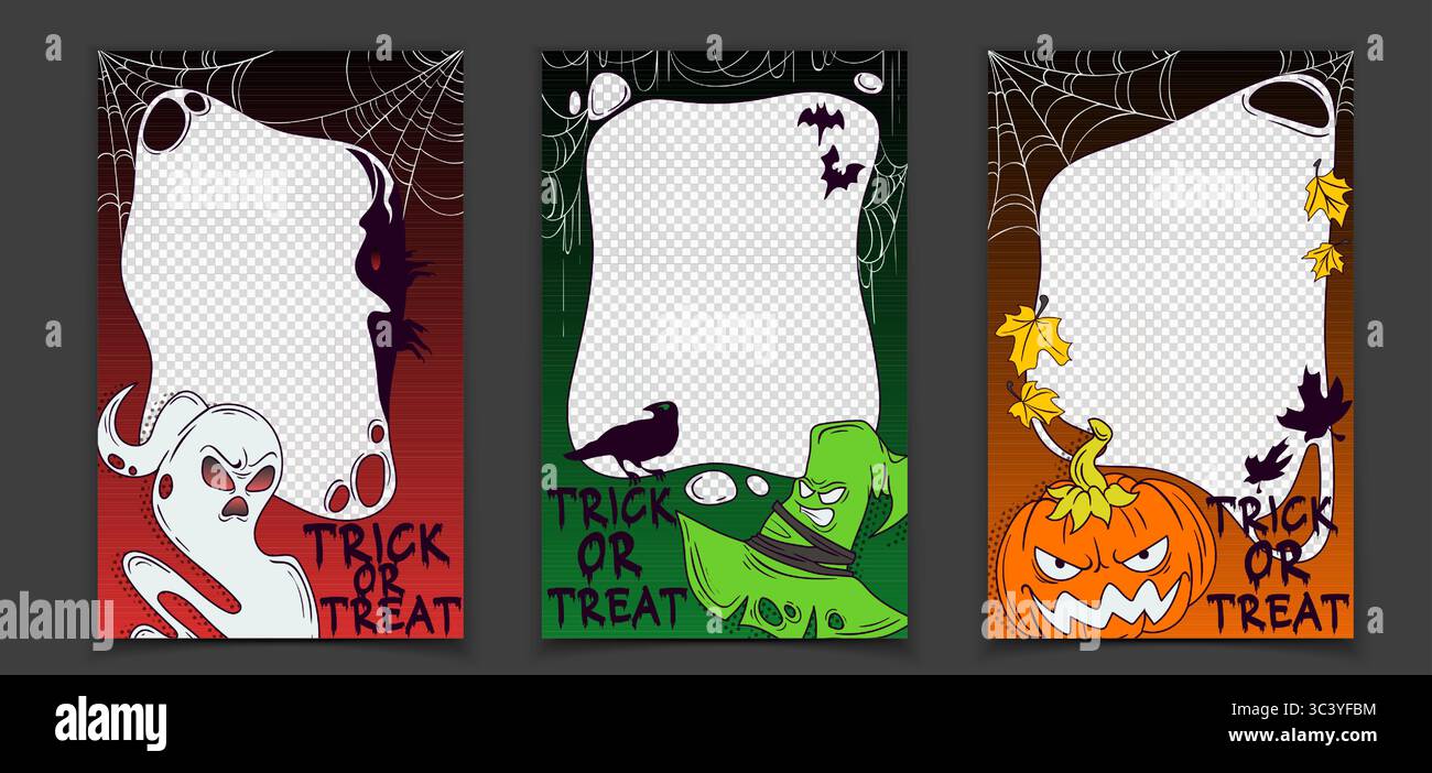 Modèles de cadre de médias sociaux d'Halloween - bordures de photos effrayantes avec du texte de truc ou de traitement, un chapeau de fantôme et de sorcière, des chauves-souris et des corbeaux, des toiles de citrouille et d'araignée. Poste de fête gothique sombre ou conception d'histoire d'octobre. Illustration de Vecteur