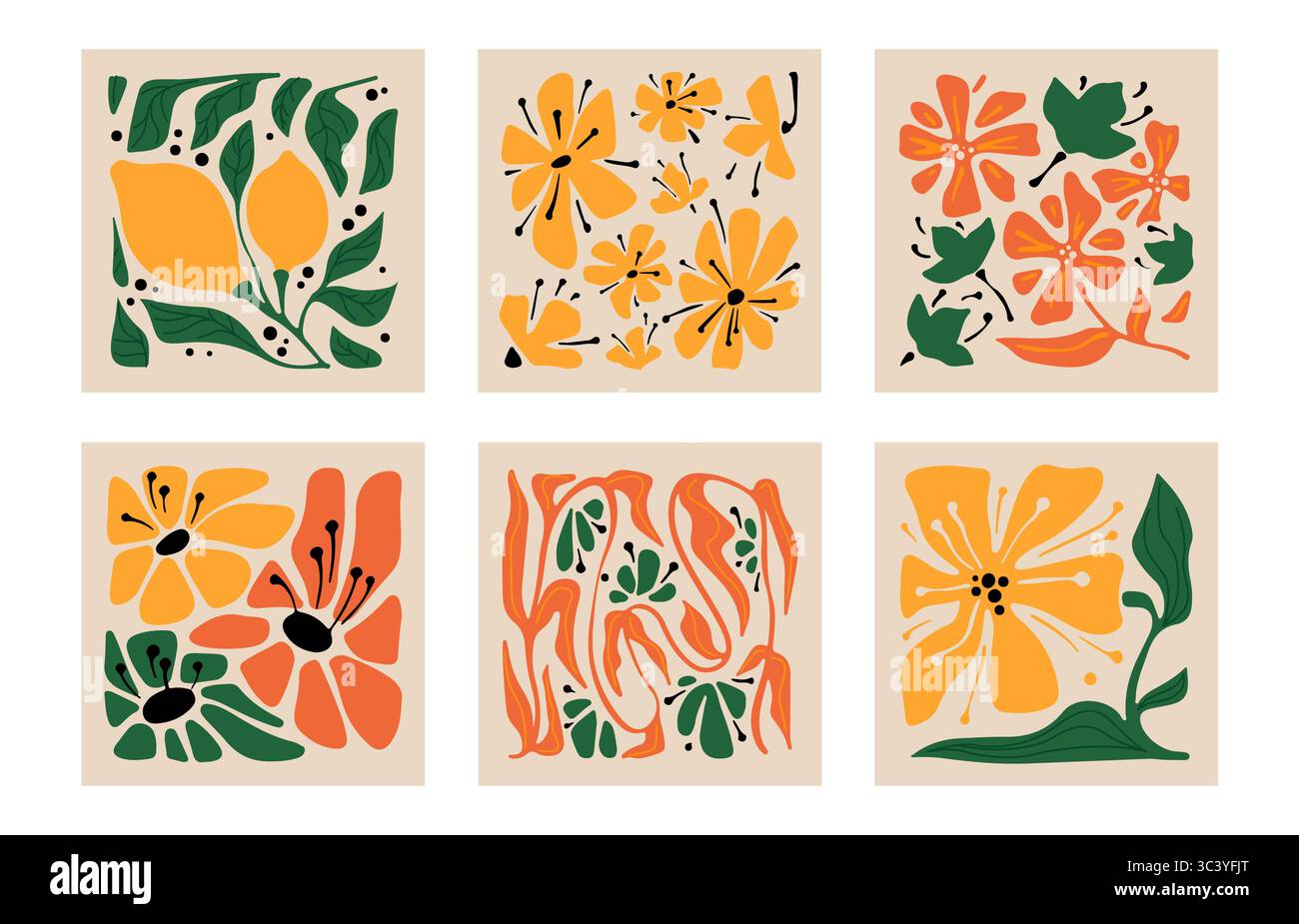 Carrés d'art floral groovy inspirés du style Matisse - imprimés botaniques boho avec des fleurs orange, jaunes et des feuilles vertes sur beige. Fleurs de style rétro découpées dans des compositions abstraites pour décoration murale Illustration de Vecteur