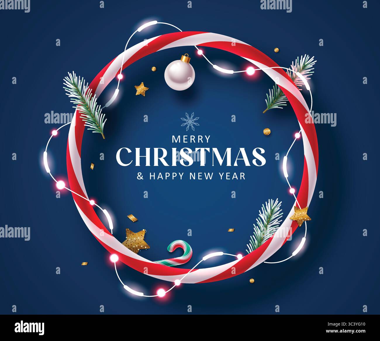 Élégante couronne de Noël clipart avec boules, branches de pin , lumière de Noël, et texte de voeux de Noël sur fond bleu foncé Illustration de Vecteur