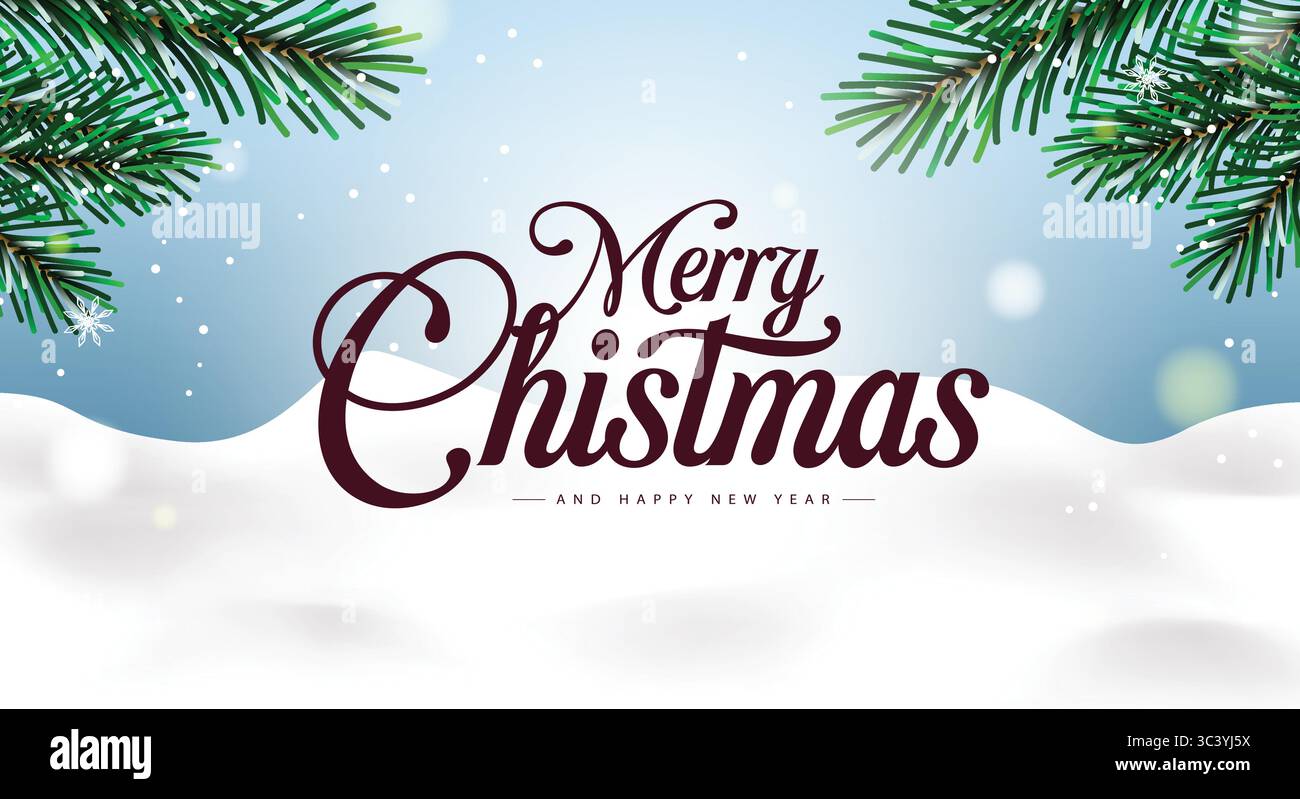 Élégante clipart de voeux de Noël avec paysage enneigé, branches de pin et typographie festive Illustration de Vecteur