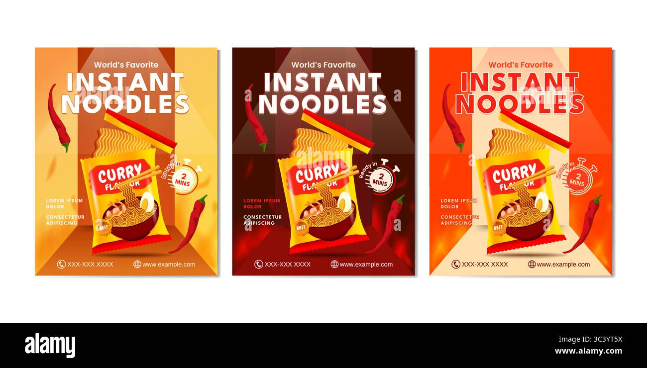Publicité pour les nouilles instantanées épicées et savoureuses pour les médias sociaux, mettant en évidence la cuisson rapide et la saveur de curry. Idéal pour le marketing produit Illustration de Vecteur