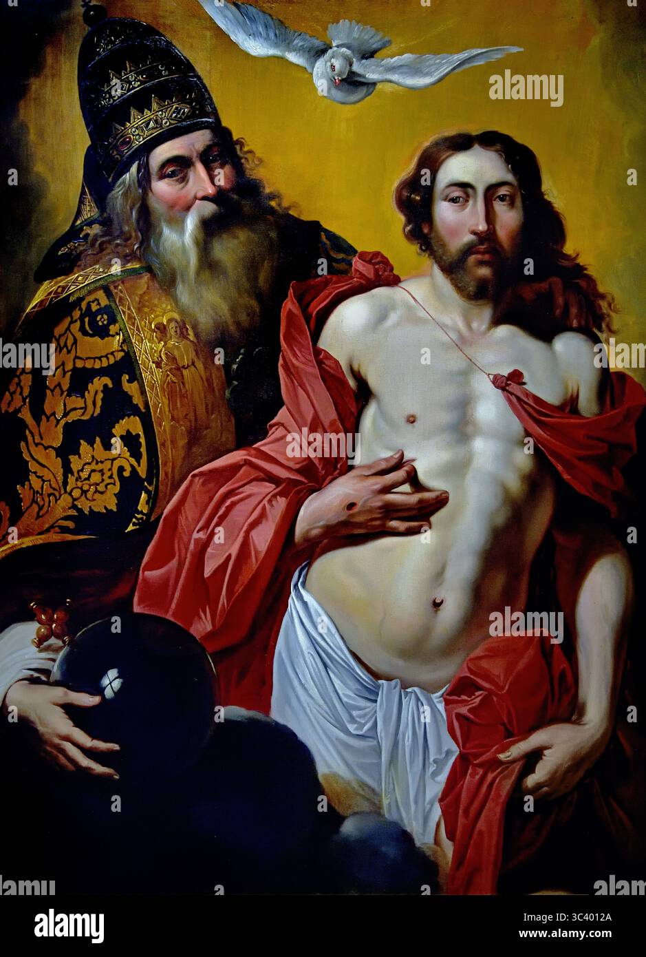 Sainte Trinité par Artus Wolffort 1601 - circa 1641 17ème siècle par Groeningemuseum, musée municipal, Bruges, Belgique, flamand, ( Dieu le Père, portant une diadème, représente Christ le fils, affichant ostentatiquement ses blessures, au-dessus d'eux tous les deux planent l'esprit Saint, sous la forme d'une colombe, ) Banque D'Images