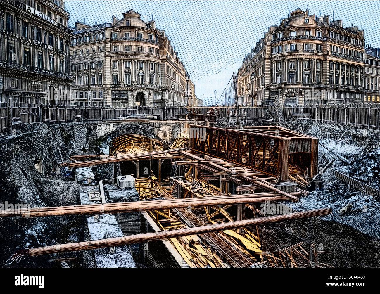 La construction du métro de Paris - le Métropolitain, ligne de l'avenue de Villiers à Ménilmontant à Paris : travaux de la station Opéra. 1904 Banque D'Images