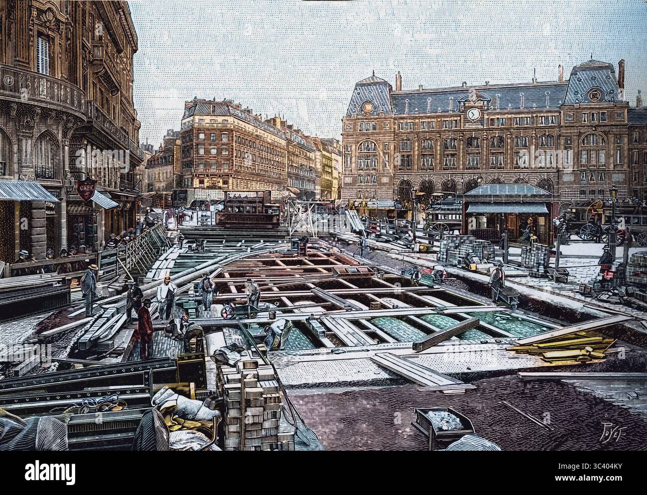 La construction du métro de Paris - le Métropolitain, ligne de l'avenue de Villiers à Ménilmontant à Paris : travaux de la gare Saint Lazare - novembre 1904. Banque D'Images