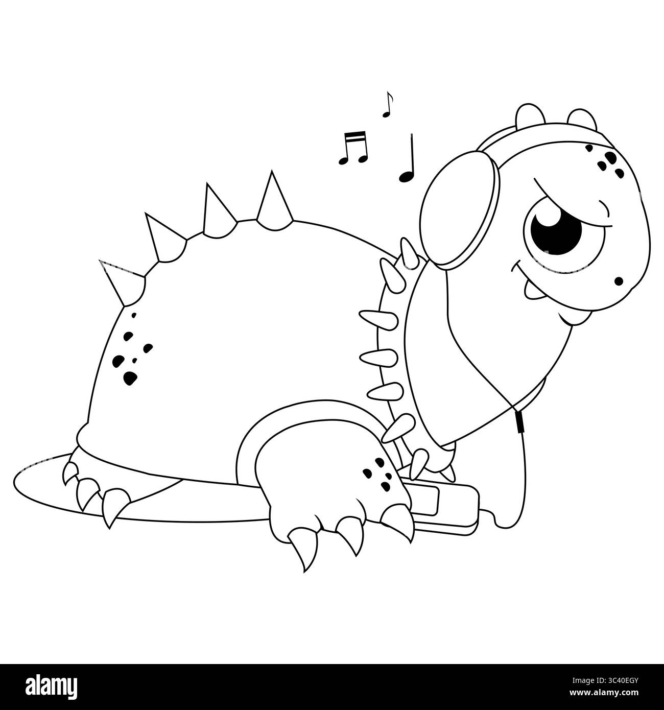 Tortue de dessin animé écoutant de la musique avec des écouteurs. Animal de compagnie tortue écoutant de la musique rock. Coloriage noir et blanc. Banque D'Images