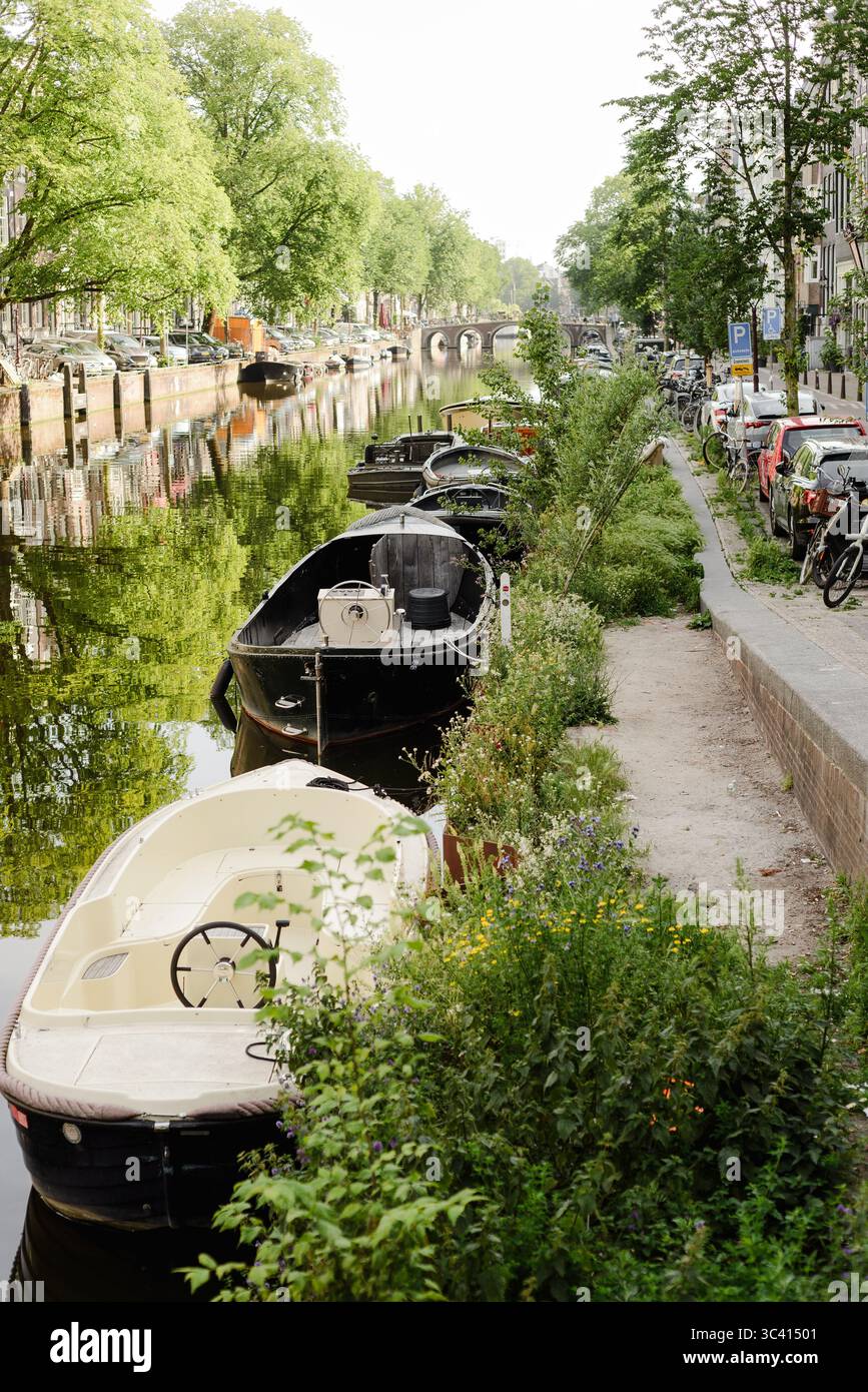 Bateaux de canal et fleurs sauvages dans une rue calme Banque D'Images