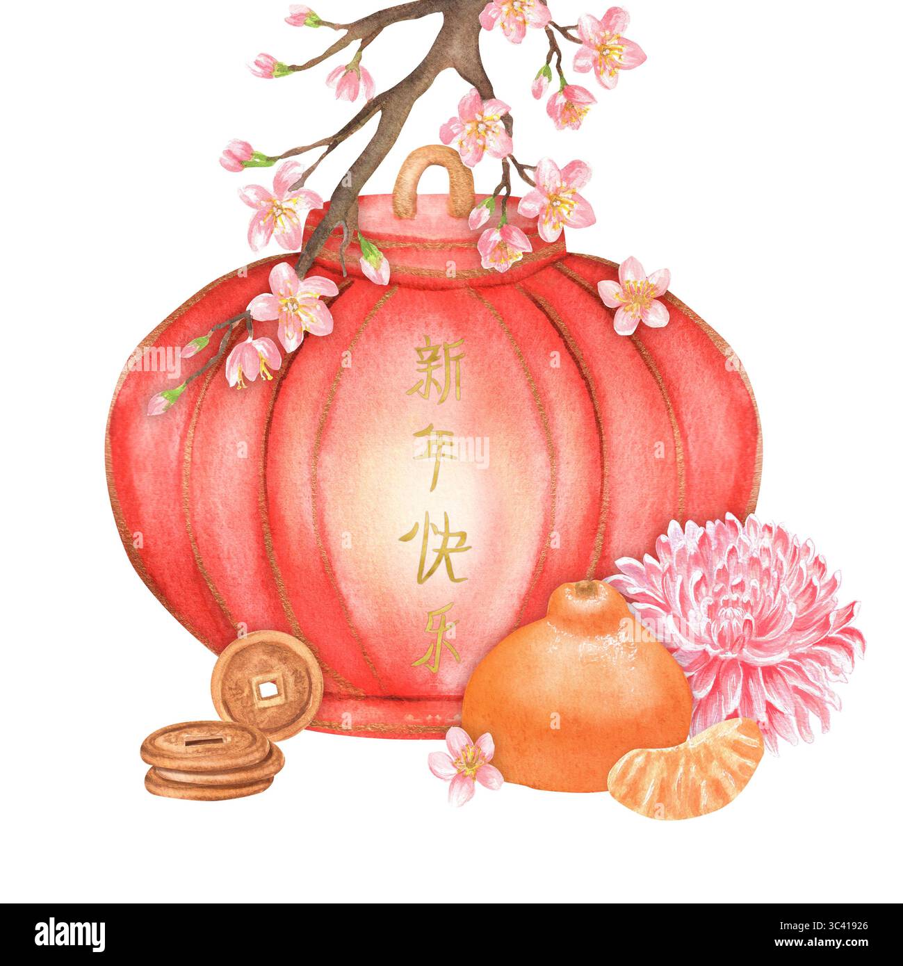 Composition festive de lanterne rouge aquarelle, branche Sakura, chrysanthème rose, mandarine et tranche, pièces chinoises. Clipart du nouvel an chinois. Main-d Banque D'Images