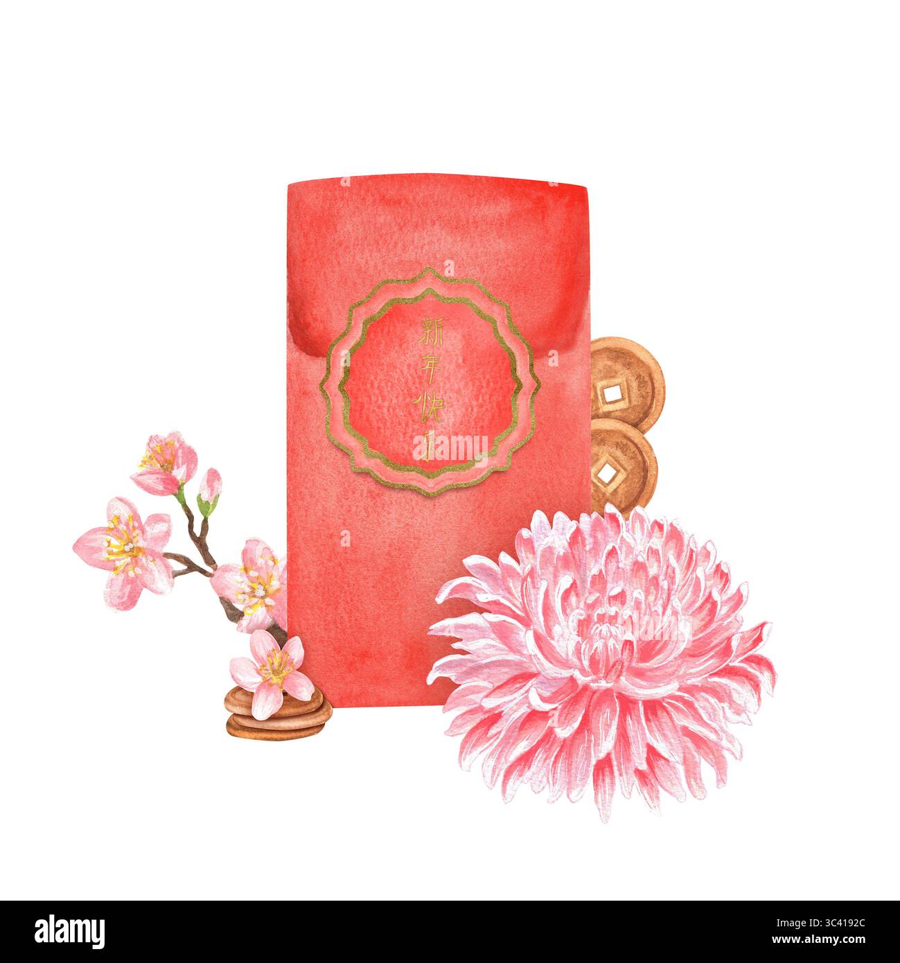 Cadeau du nouvel an lunaire avec enveloppe aquarelle rouge, chrysanthème rose et pièces de monnaie, petite brindille Sakura. Clipart du nouvel an chinois. Illustration dessinée à la main f Banque D'Images