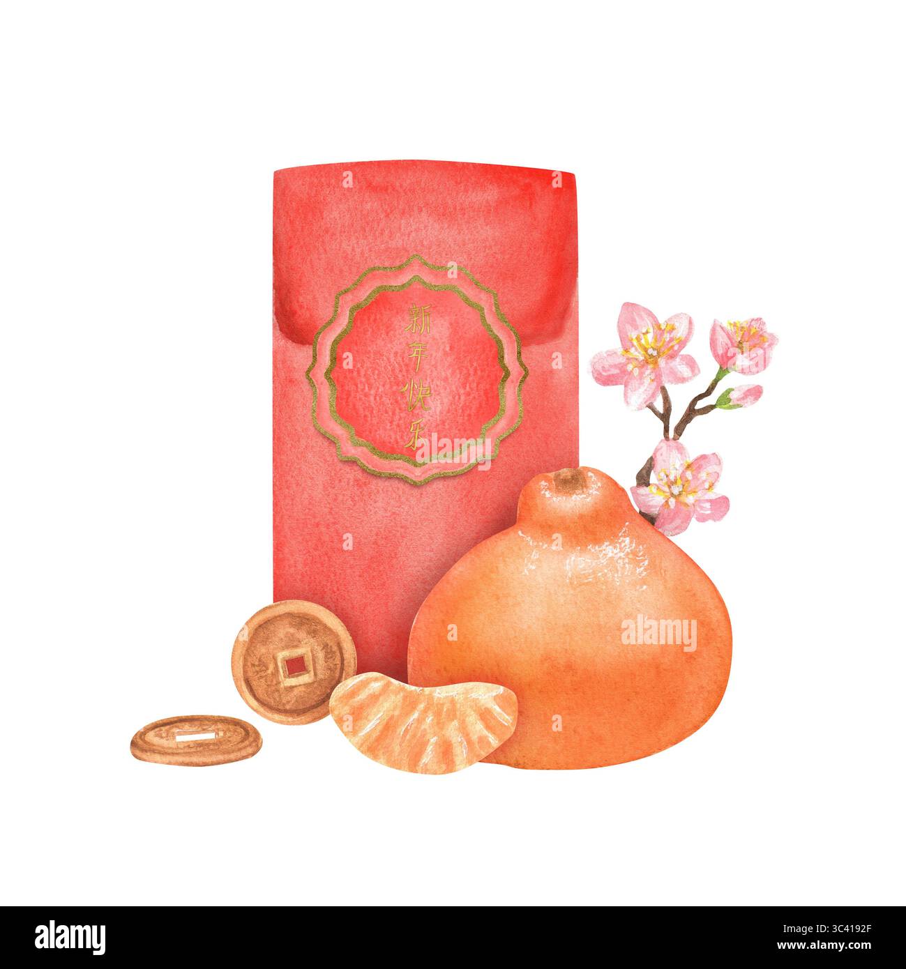 Enveloppe aquarelle rouge avec pièces de monnaie, mandarine et petite branche Sakura. Cadeau du nouvel an lunaire. Clipart du nouvel an chinois. Illustration dessinée à la main pour les vacanciers Banque D'Images