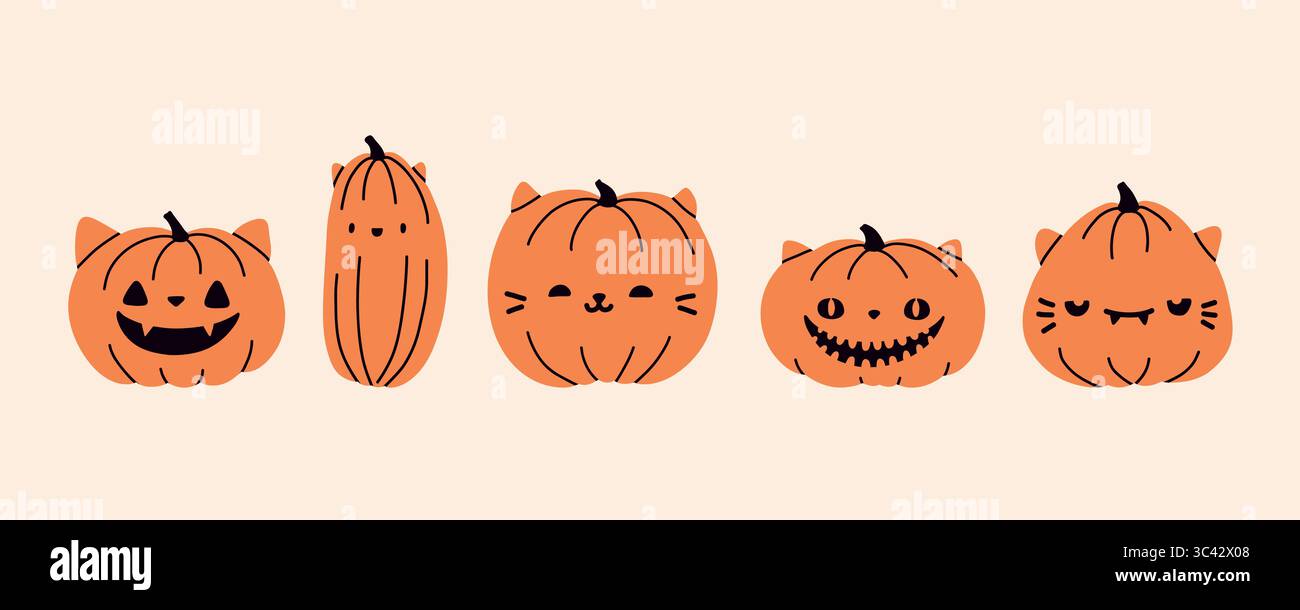 Cric chat o courge lanterne. Citrouilles avec visages d'animaux d'expression sculptés. Illustration vectorielle de squash de chat ingénieux de dessin animé Illustration de Vecteur