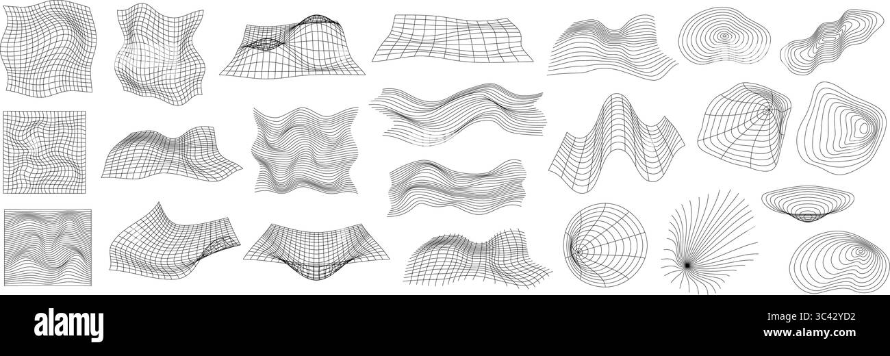 Abstrait déformé contour filaire définition d'ondes rétrofuturistes. Collection de grilles, perspectives, formes rayées, éléments. Illustration de Vecteur