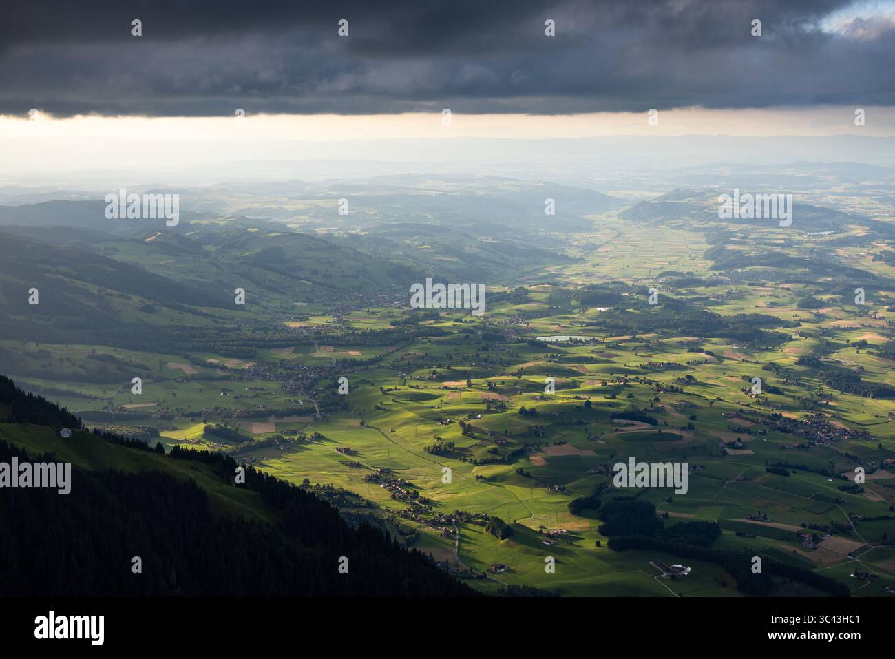 Une vue aérienne panoramique met en valeur la verdoyante vallée de Simmental en Suisse. Des villages dispersés et des fermes parsèment le paysage, encadrés par des hil roulants Banque D'Images