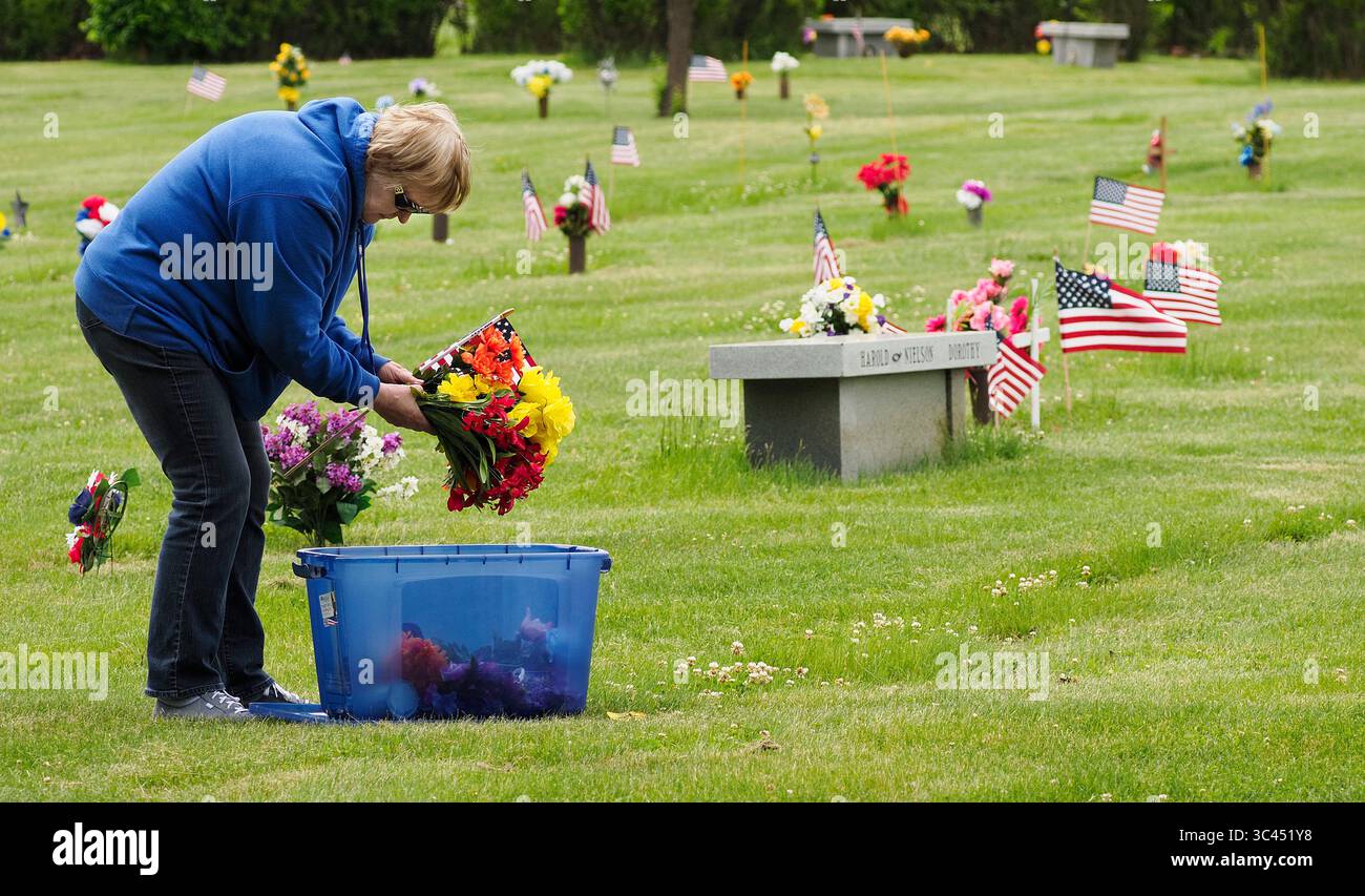 28 mai 2021, SIOUX CITY, IOWA, USA : CAROL WASHBURN de des Moines met des fleurs et un petit drapeau américain en mémoire des membres de la famille au cimetière Memorial Park à Sioux City, Iowa samedi 29 mai 2021. Washburn a grandi dans une petite communauté du Nebraska juste de l'autre côté de la rivière Missouri de Sioux City. Au cours de la semaine, les forces de l'ordre locales et les membres de la Garde nationale de l'air de l'Iowa et de la Garde nationale de l'armée ont mis de petits drapeaux américains sur les tombes des anciens combattants. (Crédit image : © Jerry Mennenga/ZUMA Wire) Banque D'Images