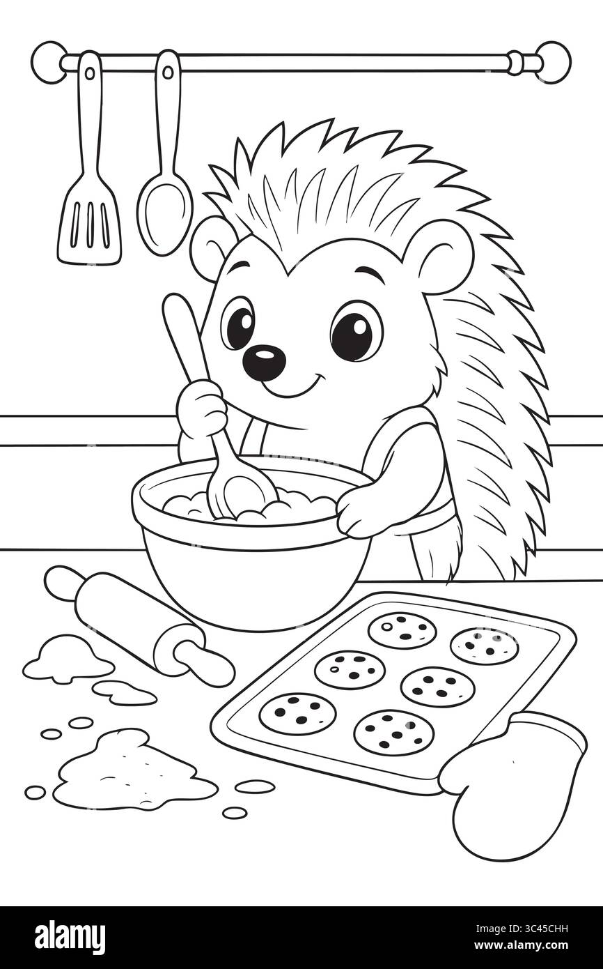 Mignon hérisson faisant cuire des biscuits dans la cuisine. Illustration de Vecteur