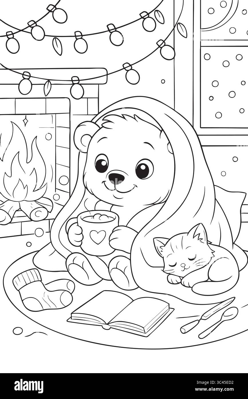 Ours confortable se relaxant avec du cacao et chaton près de la page de coloration de la cheminée. Illustration de Vecteur